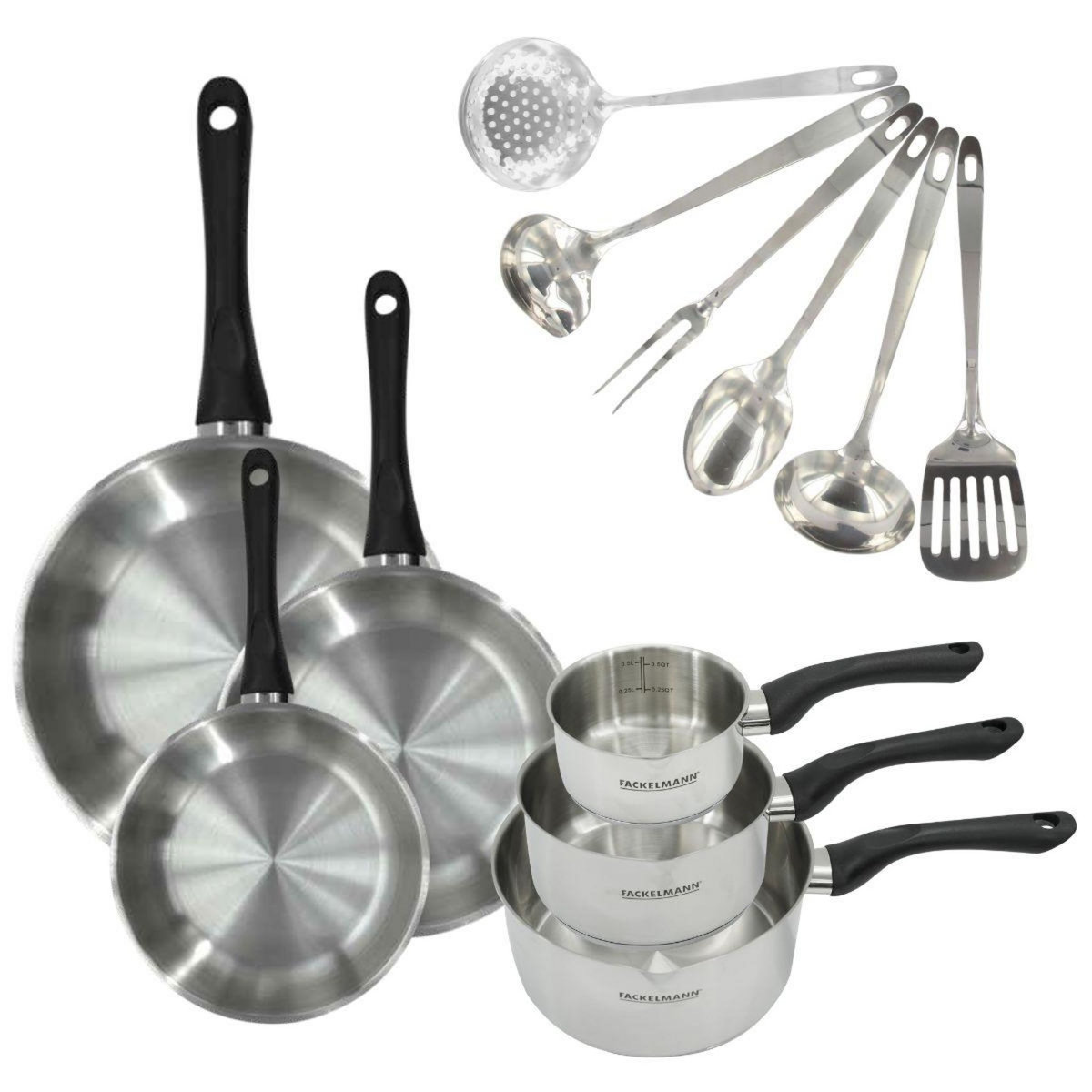 Fackelmann Set 3 poêles 20 24 et 28 cm, 3 casseroles en inox et 6 ustensiles inox Fackelmann Geneva