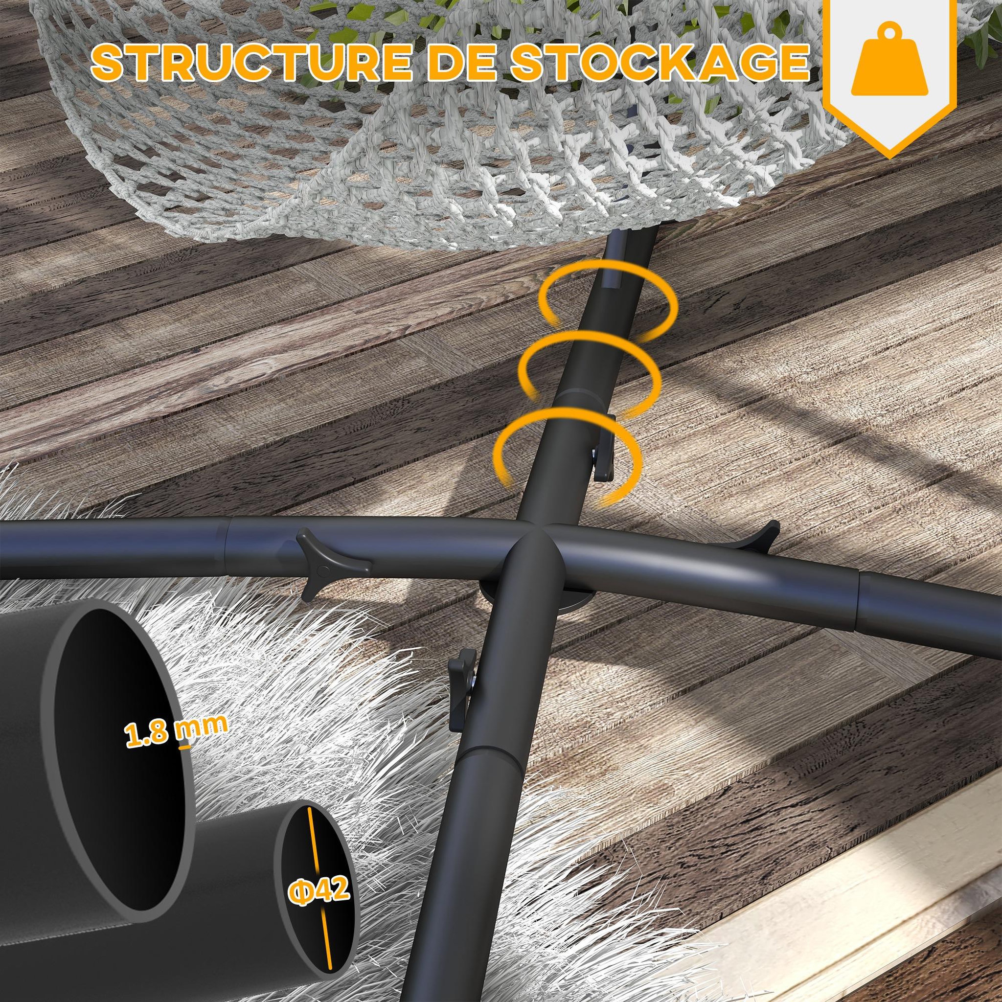 Voir la diapositive 4 : OUTSUNNY Support fauteuil suspendu - pied fauteuil suspendu - H. 215 cm - charge max. reco. 130 Kg - métal noir