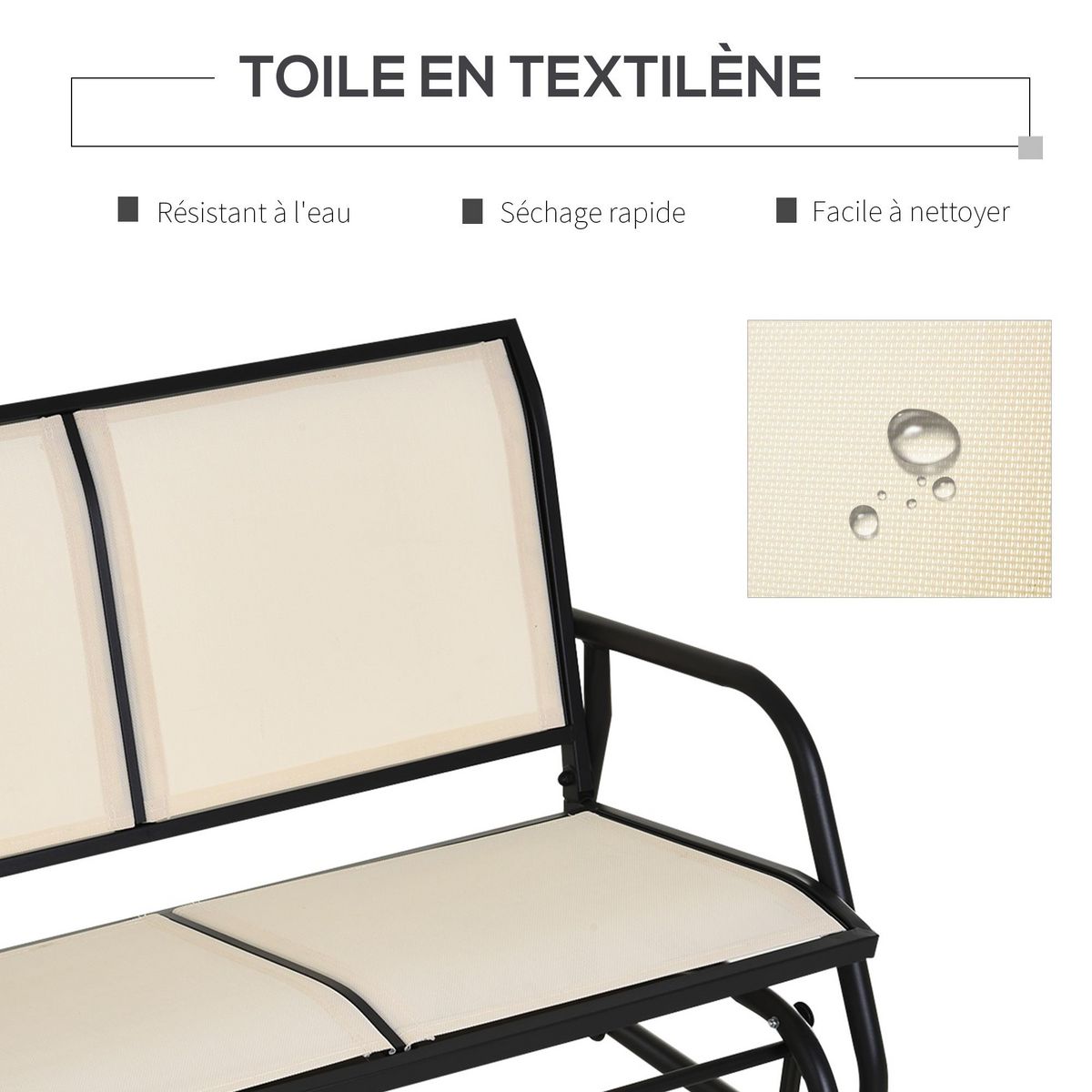 OUTSUNNY Banc à bascule de jardin 2 places design contemporain grand confort accoudoirs assise et dossier ergonomique acier textilène beige