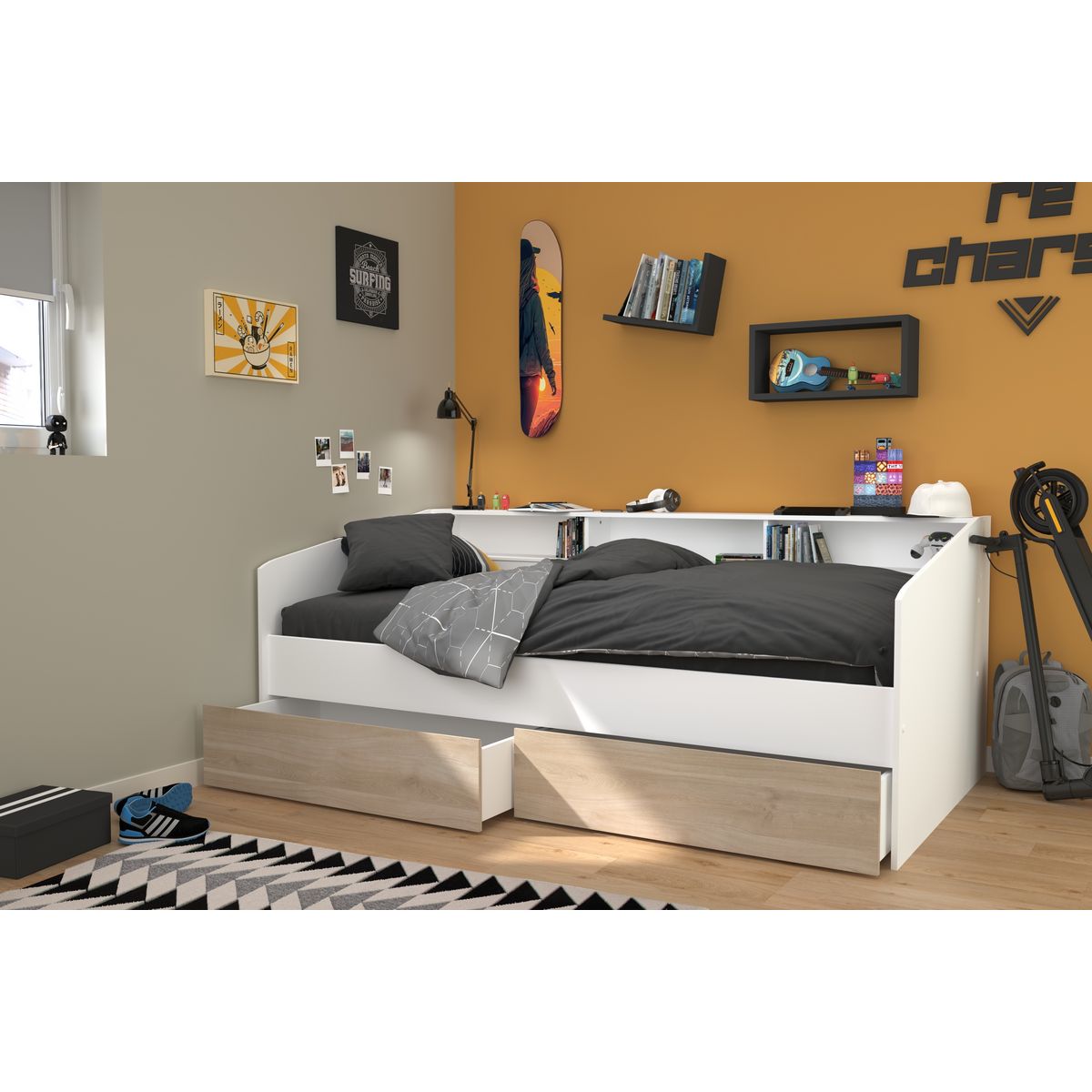 Lit banquette 90x190/200cm avec fonds de niche réversibles Blanc / Chêne NIGHT