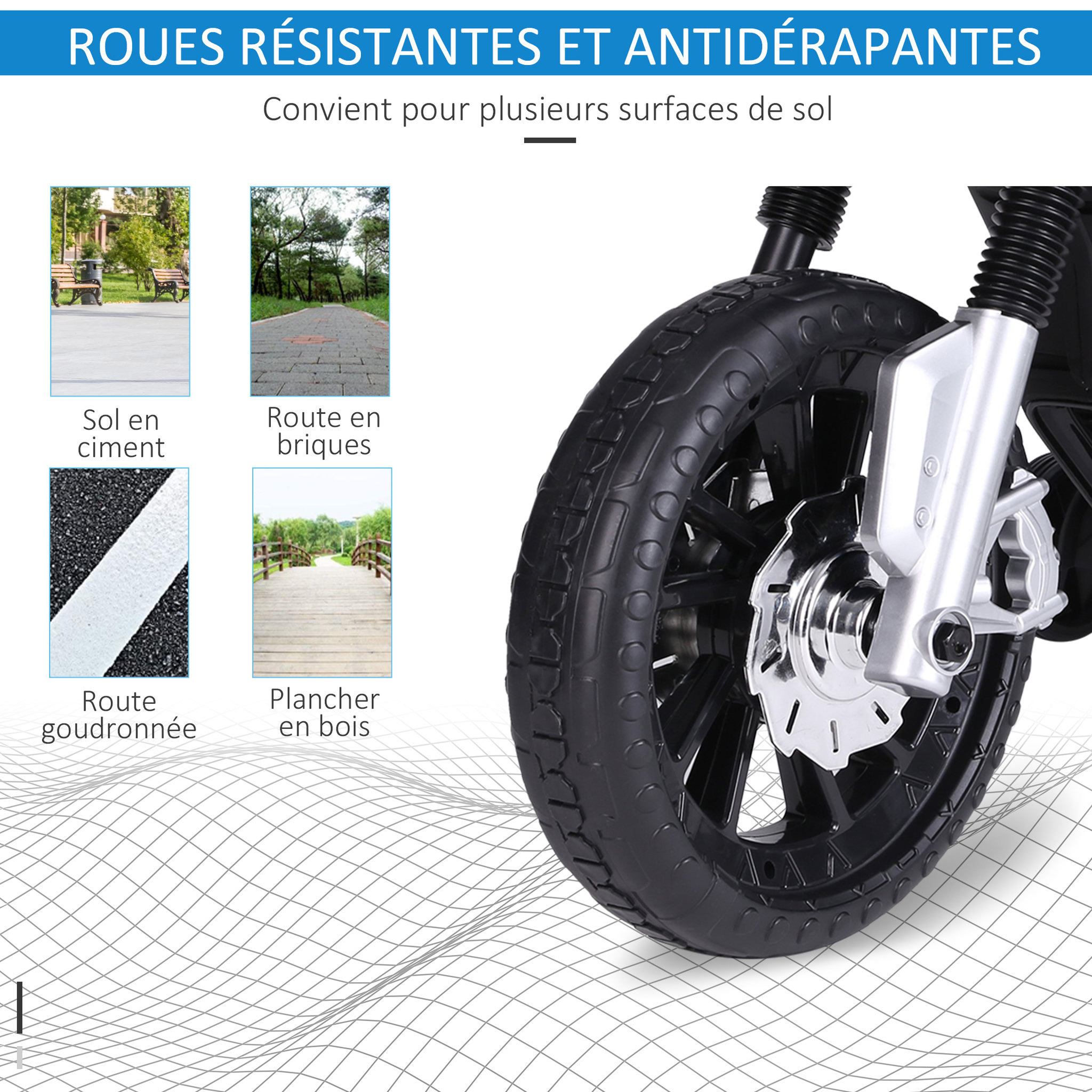 Voir la diapositive 6 : HOMCOM Moto électrique pour enfants 25 W 6 V 3 Km/h effets lumineux et sonores roulettes amovibles bleu