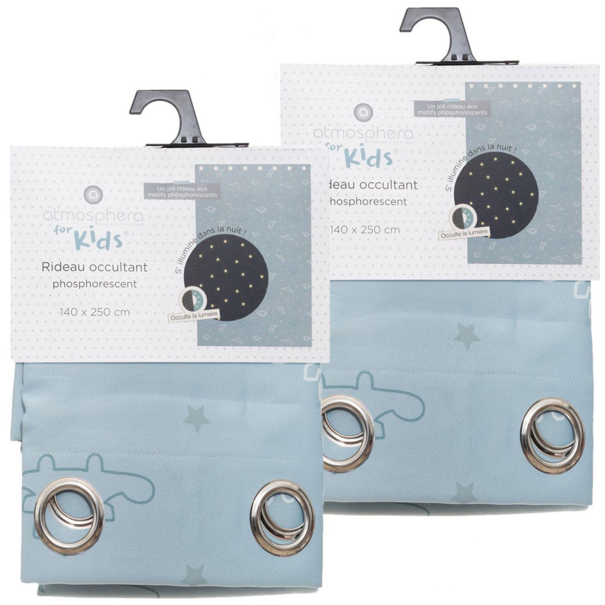 TOILINUX Lot de 2 Rideaux occultants phosphorescent pour enfant Dinosaure - 140 x 250 cm - Bleu