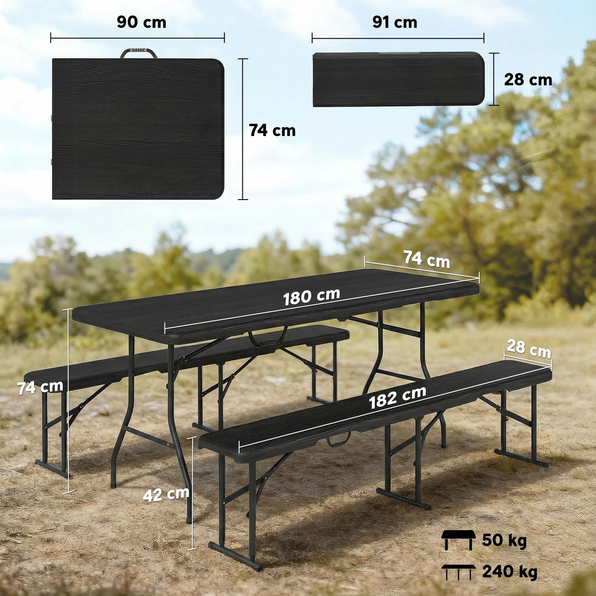 Voir la diapositive 3 : OUTSUNNY Ensemble table 2 bancs pliables avec poignées - usage pique-nique camping - métal époxy hdpe noir