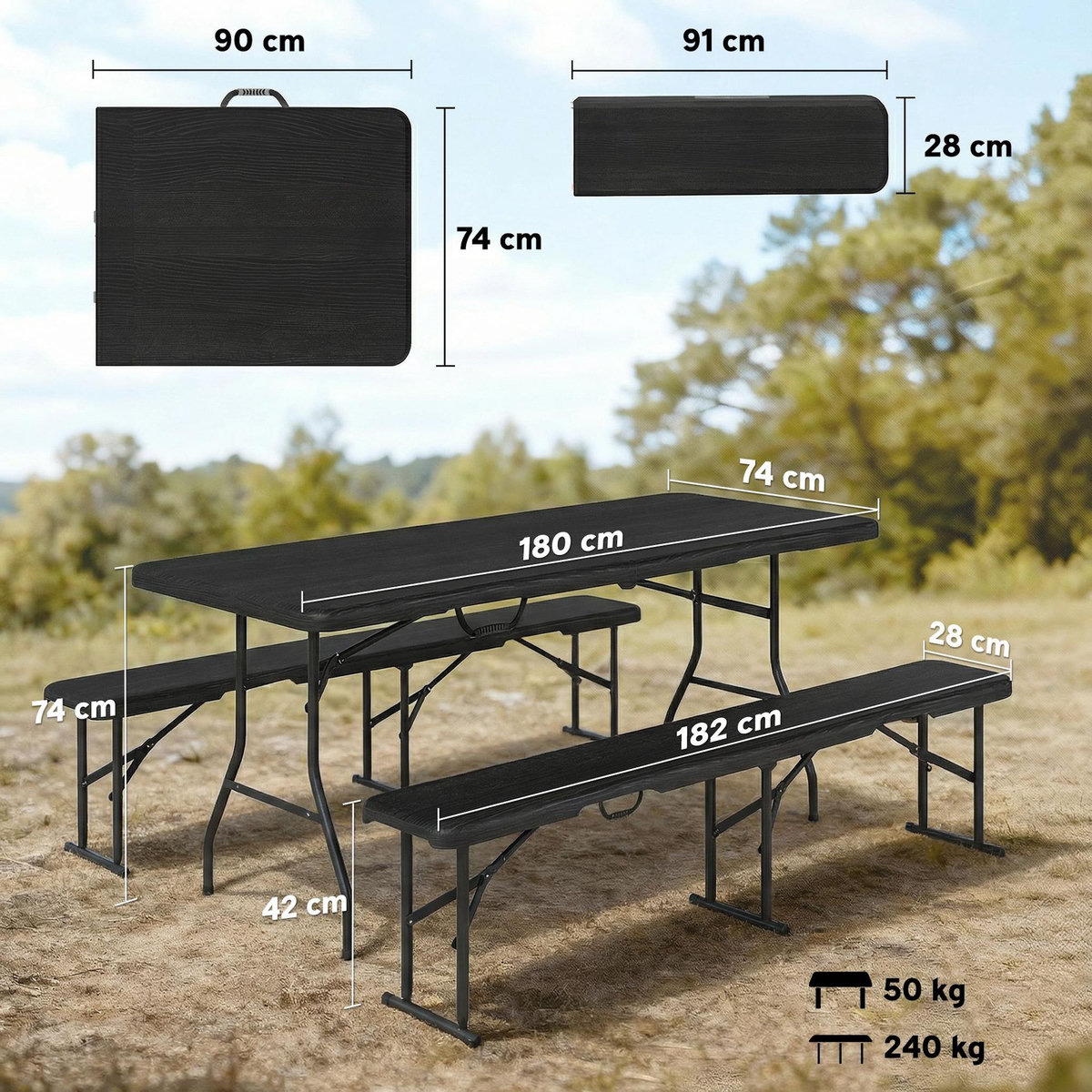 OUTSUNNY Ensemble table 2 bancs pliables avec poignées - usage pique-nique camping - métal époxy HDPE noir