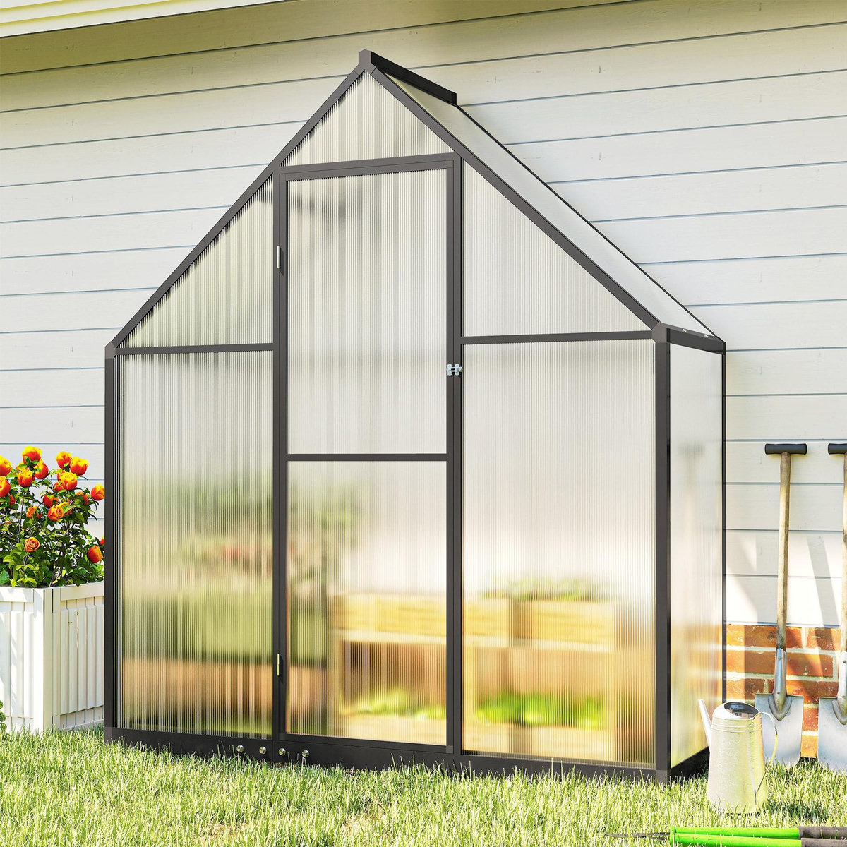 OUTSUNNY Serre de jardin alu polycarbonate - porte, lucarne - 1,7 x 0,58 x 1,95 m - noir
