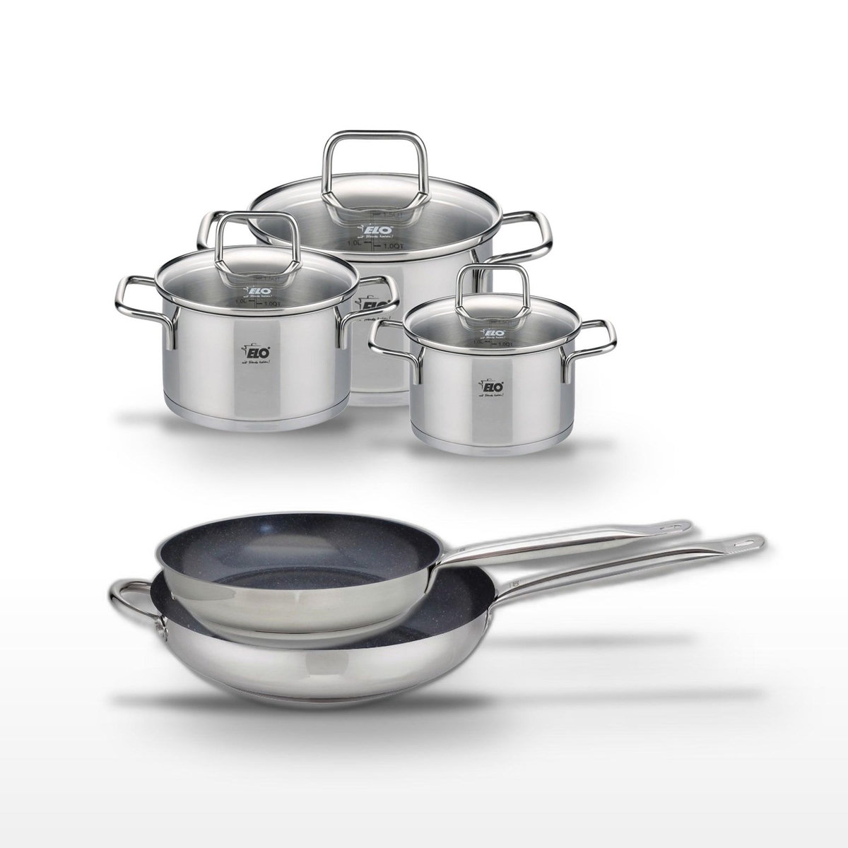 ELO Lot de 2 Poêles 28/32cm et 3 Faitouts 14/16/20cm Elo Profi Therm Platinum