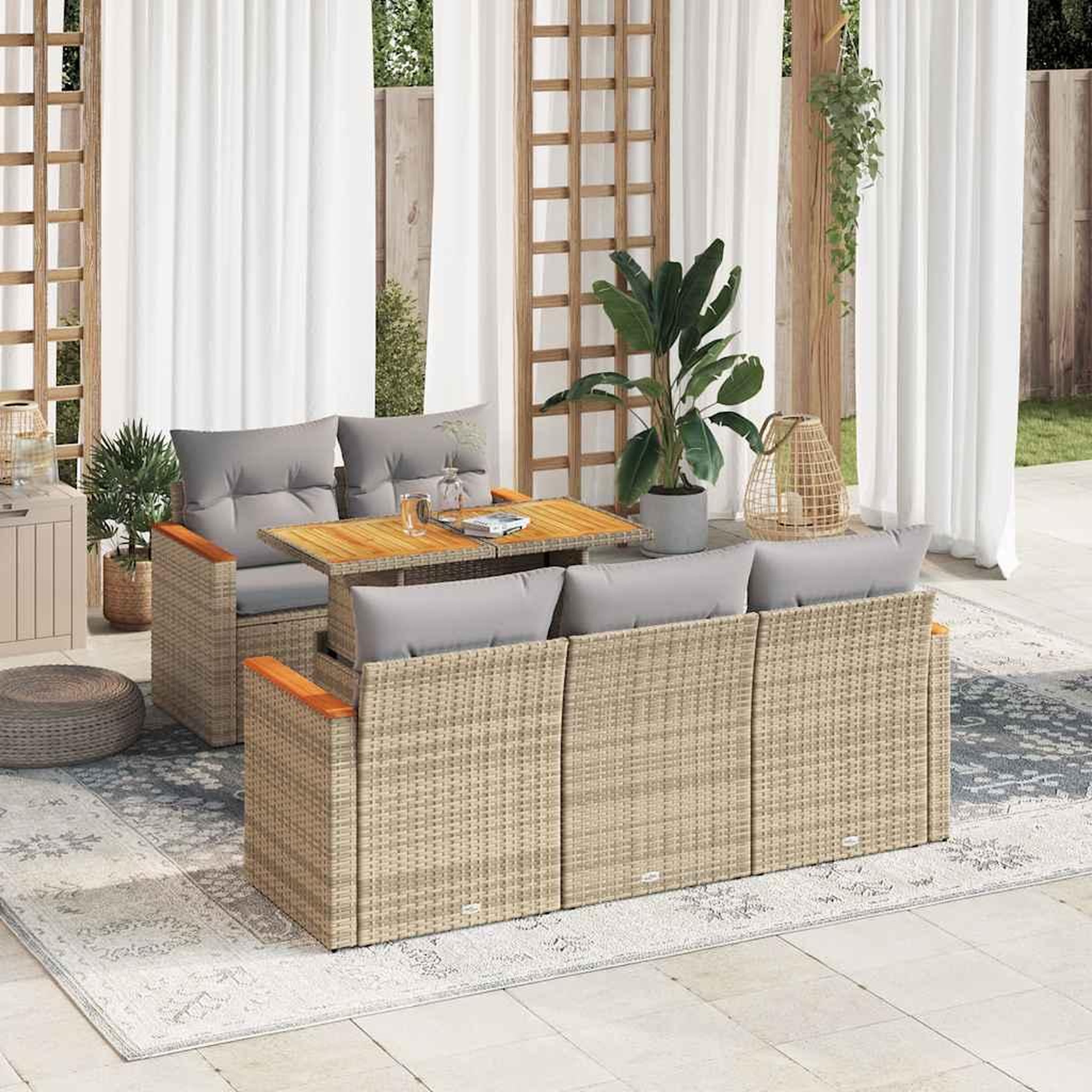 VIDAXL Salon de jardin 6 pcs avec coussins beige resine tressee acacia