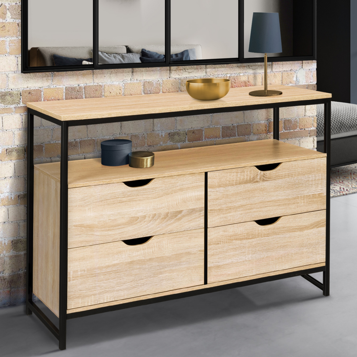 ID MARKET Commode 4 tiroirs DETROIT 110 cm design industriel avec étagère