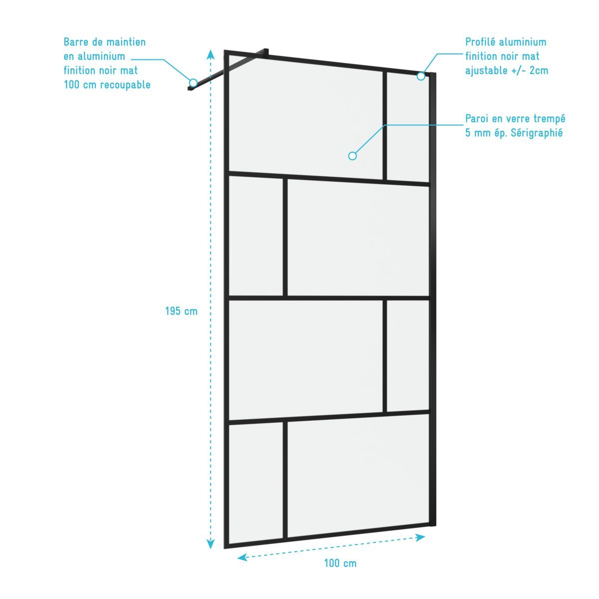 Aurlane Paroi de douche à l'italienne type industriel noir 100x195 cm - BRICKS 100