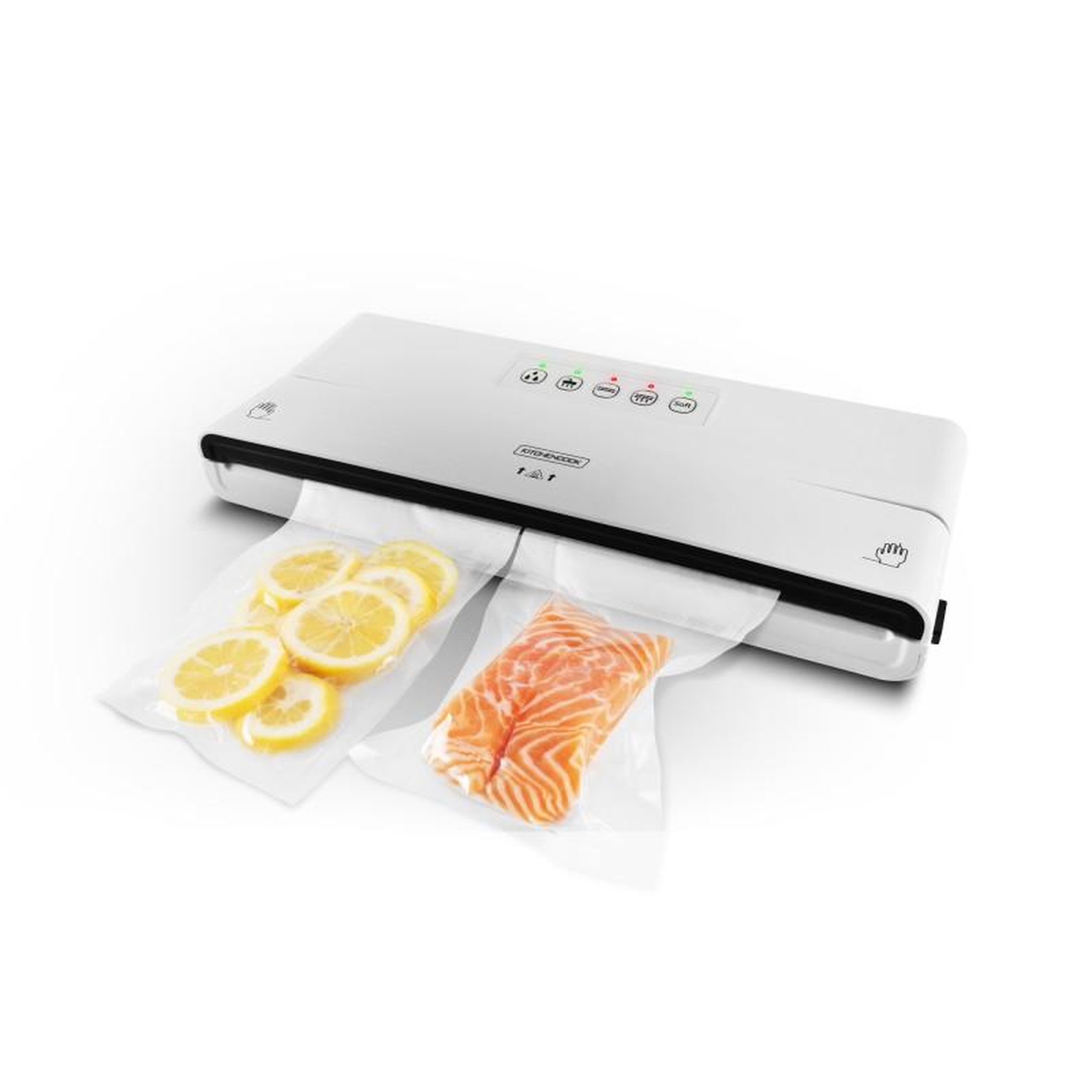 Voir la diapositive 2 : KITCHENCOOK Machine sous vide avec coupe-rouleau blanche modèle airprotect300 de kitchencook
