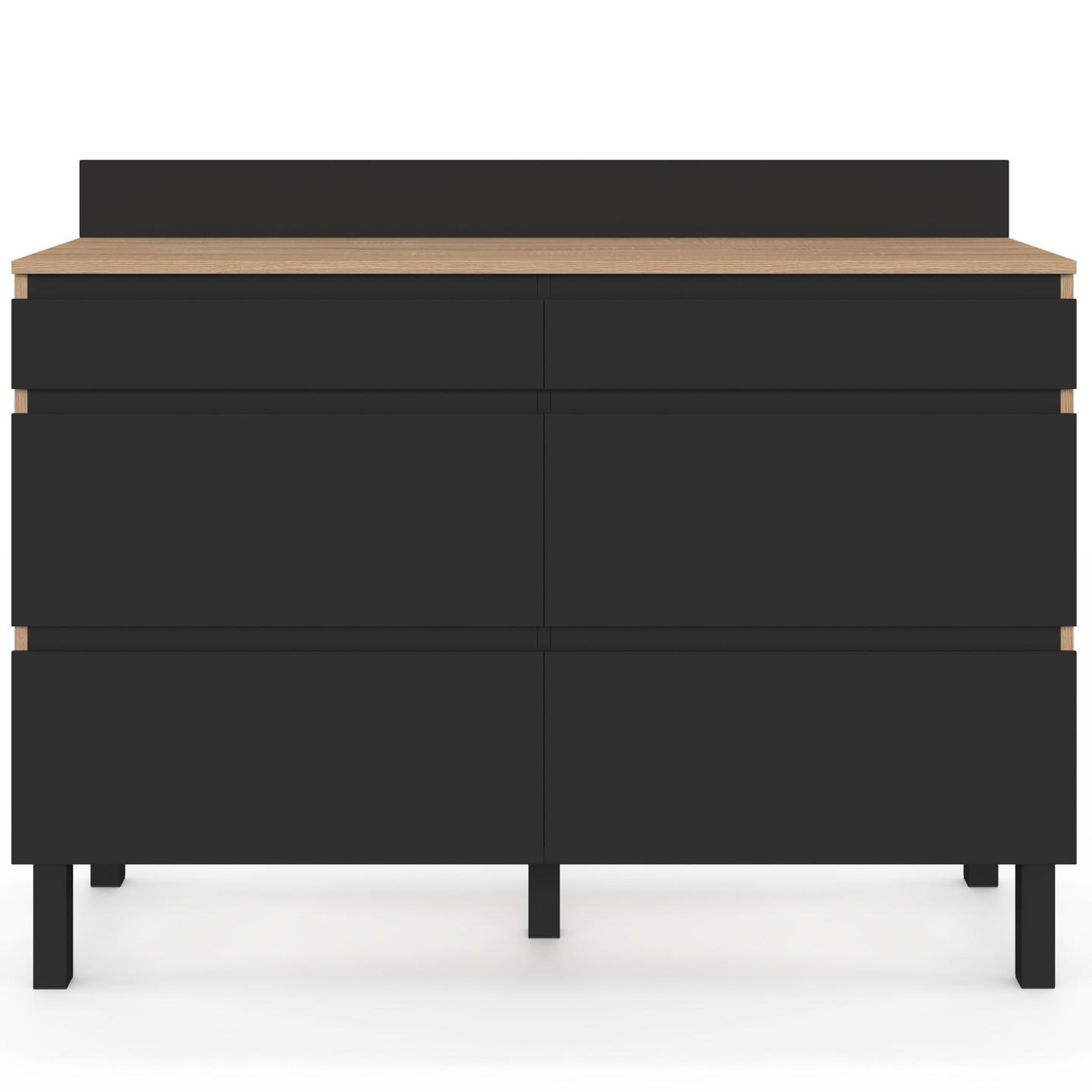 Voir la diapositive 4 : ID MARKET Buffet bas double casserolier de cuisine 120 cm claude plan de travail h. 83 cm 6 tiroirs bois et noir