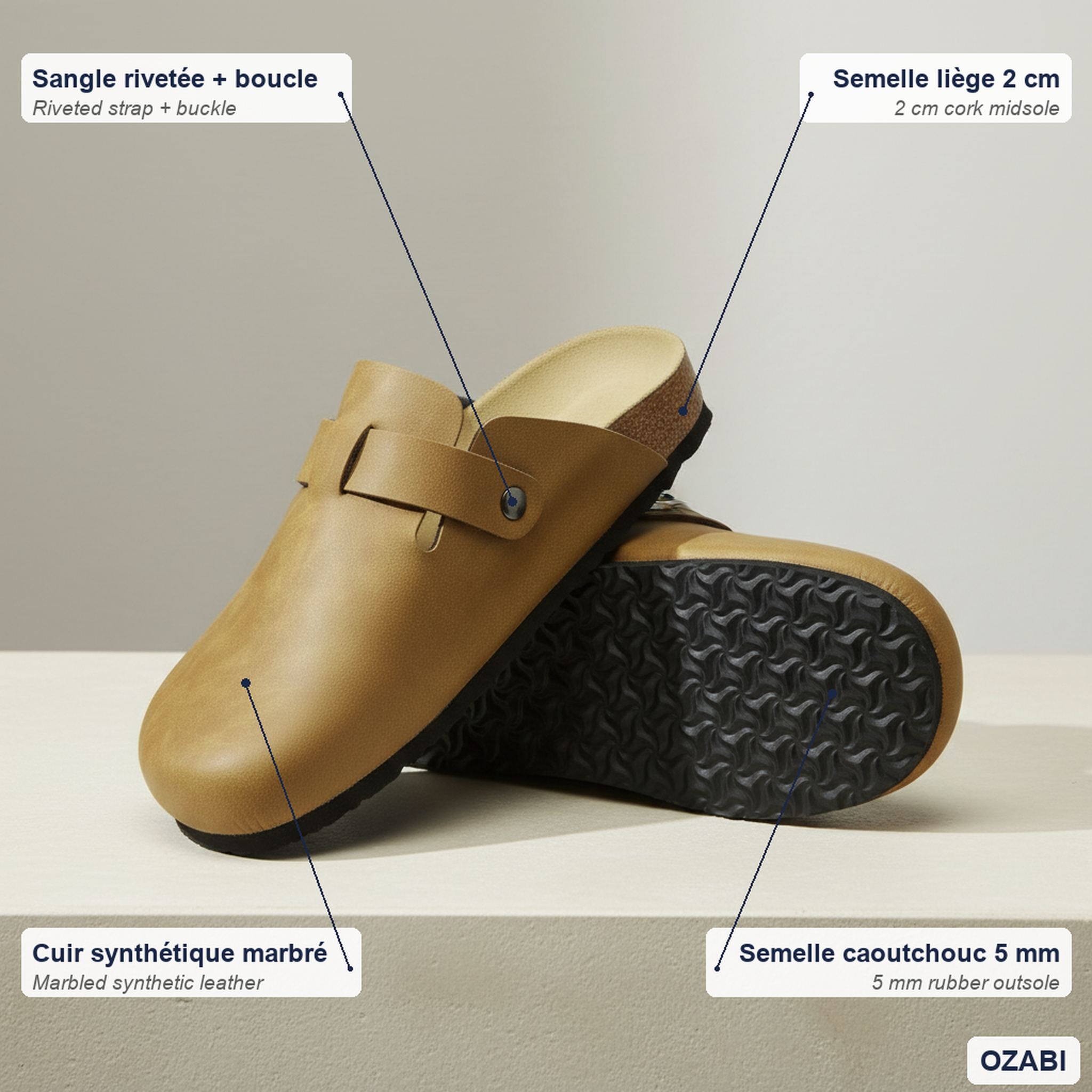 Voir la diapositive 4 : OZABI Ozabi sabots homme cuir synthétique boucle ajustable semelle liège