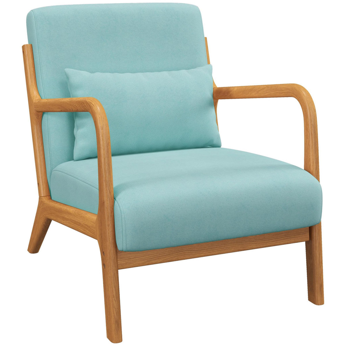HOMCOM Fauteuil lounge - 3 coussins inclus - assise profonde - accoudoirs - structure bois hévéa - aspect velours turquoise