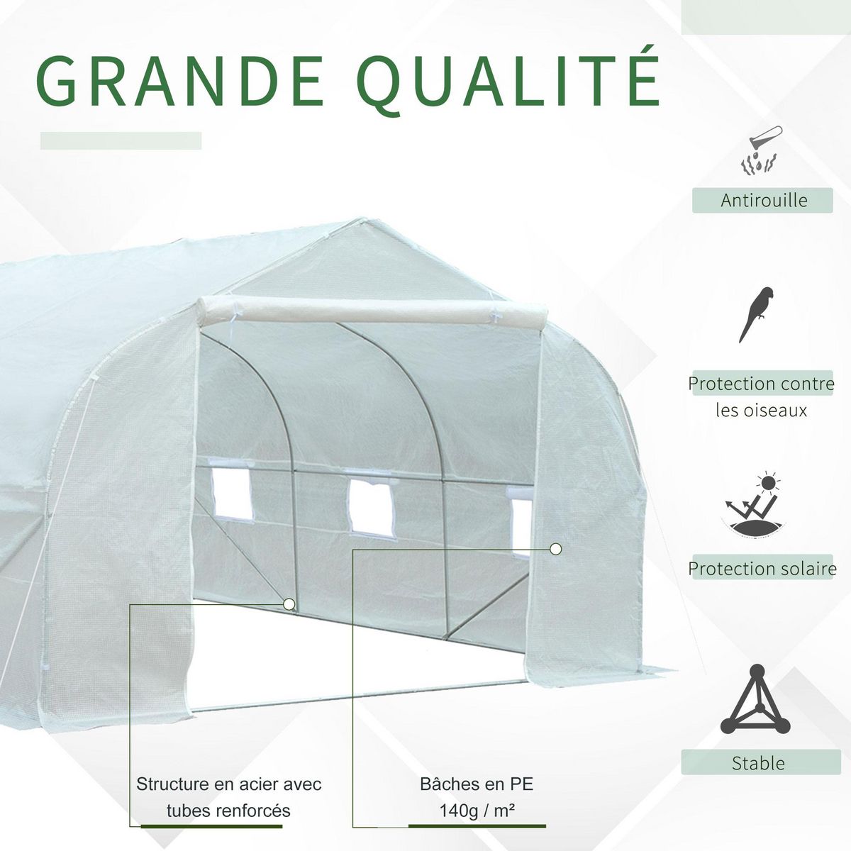 OUTSUNNY Serre tunnel de jardin dim. 4,45L x 2,99l x 2H m porte + 6 fenêtres enroulables acier galvanisé bâche PE haute densité blanc