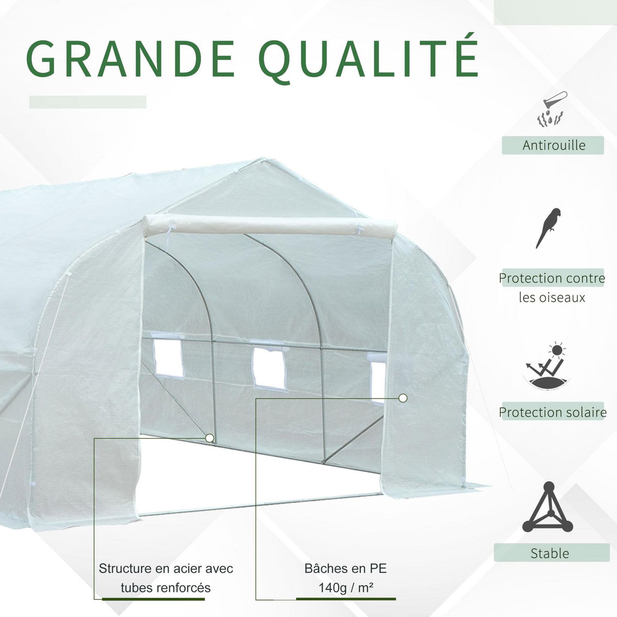 OUTSUNNY Serre tunnel de jardin dim. 4,45L x 2,99l x 2H m porte + 6 fenêtres enroulables acier galvanisé bâche PE haute densité blanc
