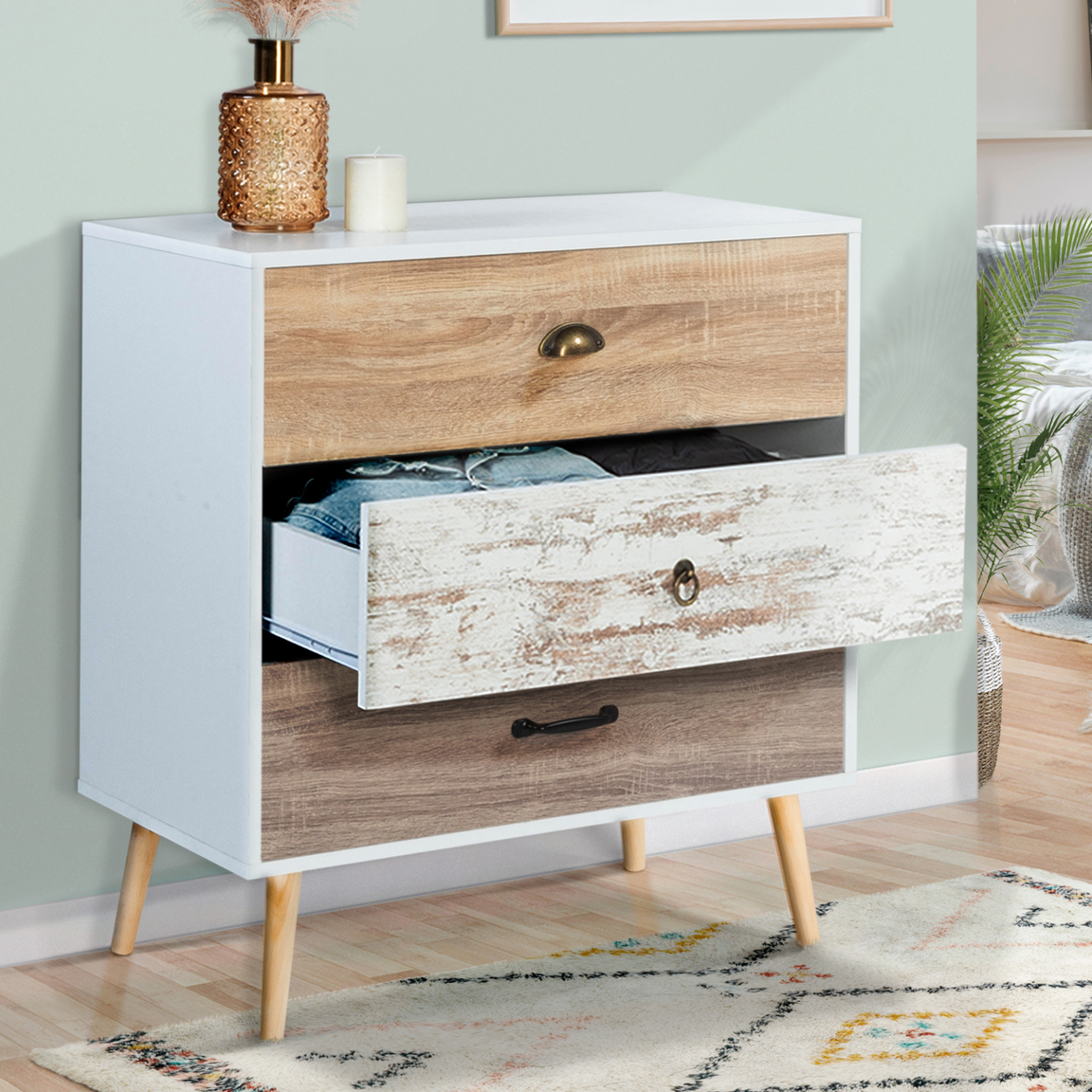 Voir la diapositive 3 : ID MARKET Commode 3 tiroirs bahia 75 cm scandinave