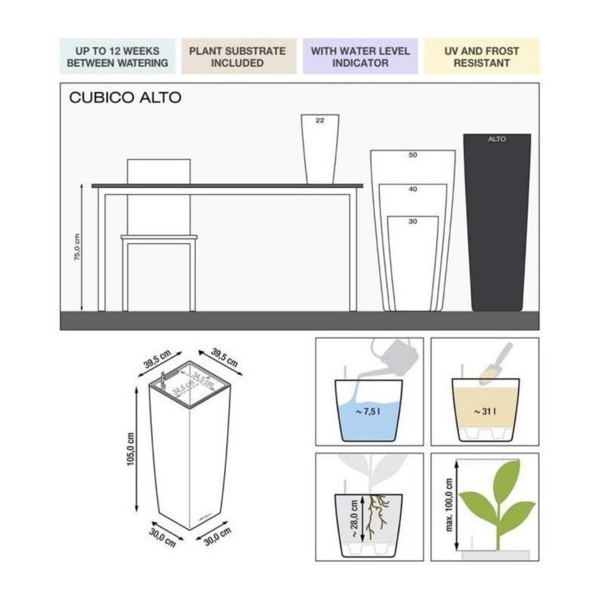 LECHUZA Cubico alto Premium 40 - Kit complet, argent métallisé 105 cm