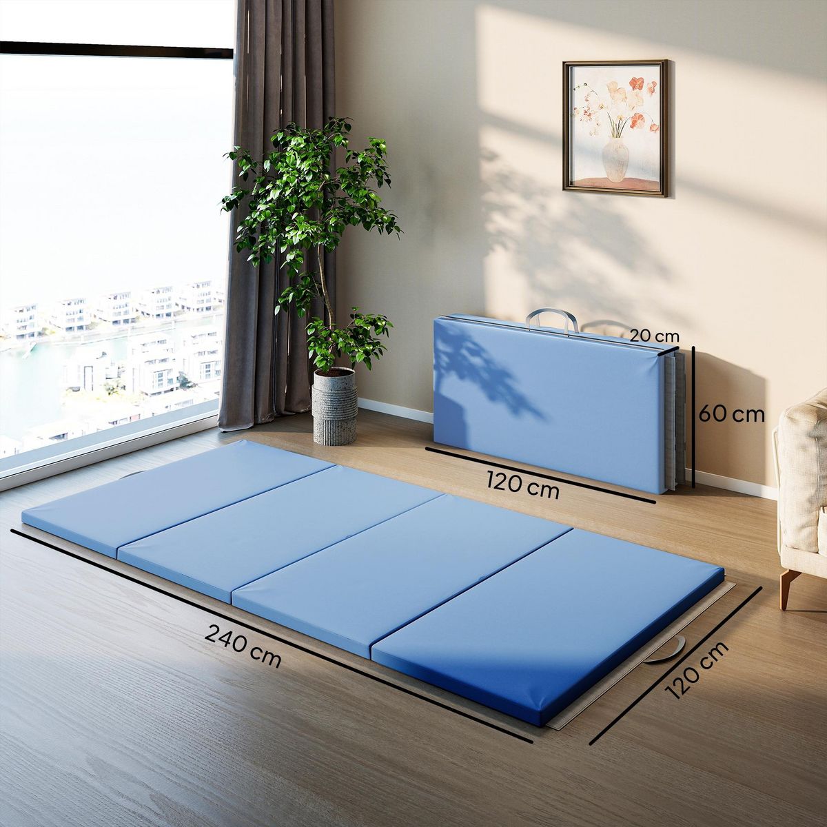 HOMCOM Tapis de gym yoga fitness pliable - poignée - revêtement synthétique - bleu