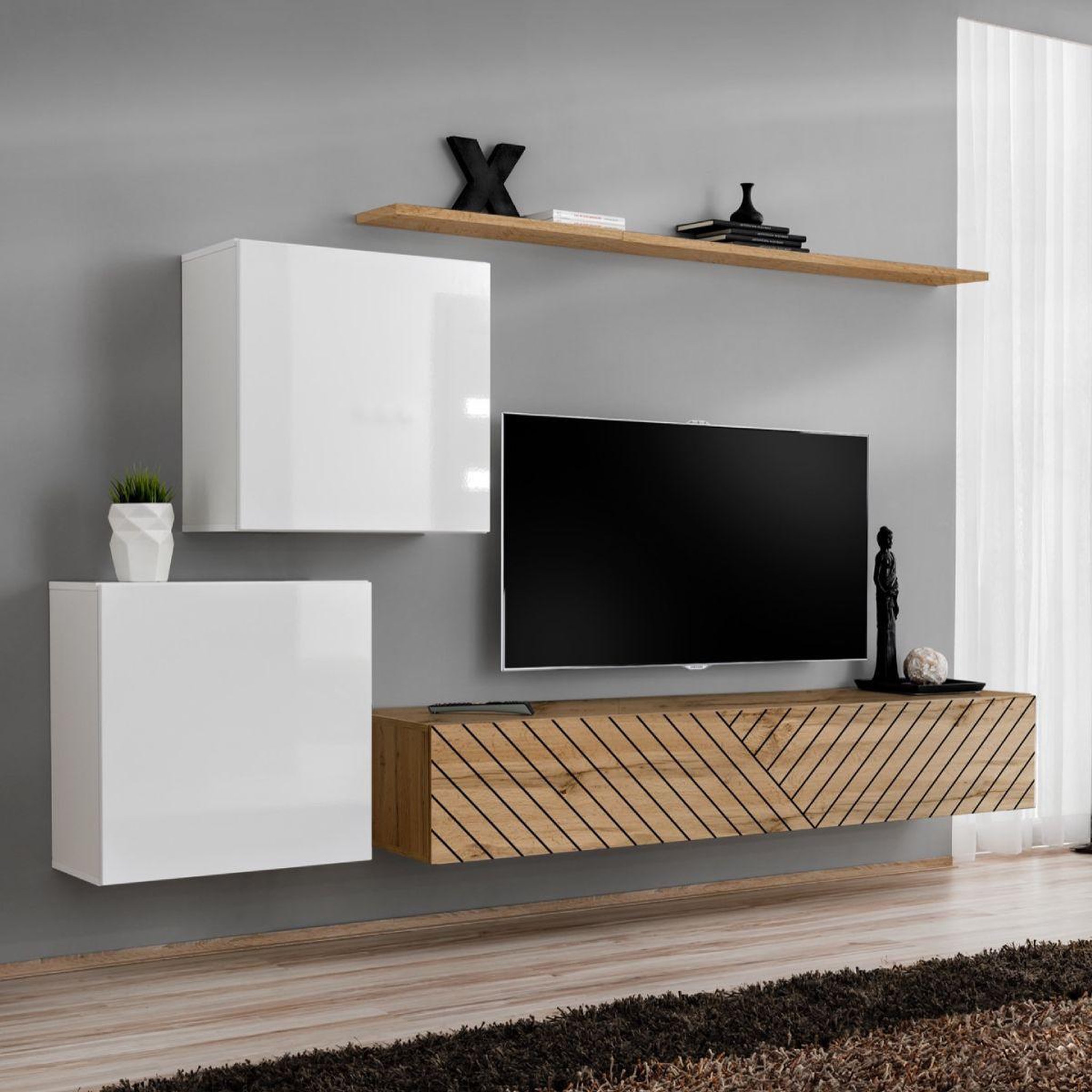 Paris Prix Ensemble meuble tv  switch lamel v  250cm naturel & blanc