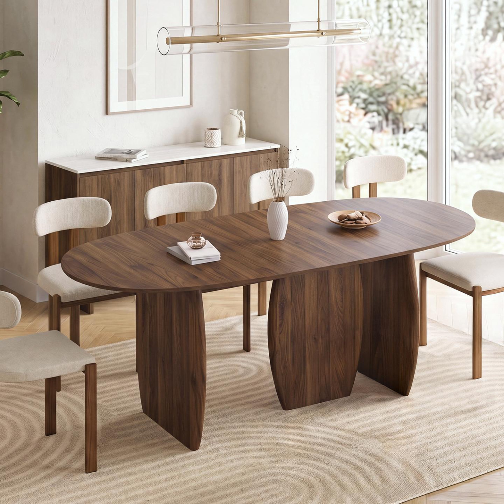Voir la diapositive 2 : ID MARKET Table à manger extensible japandi ovale marilou 6-10 personnes 3 pieds noyer 160-200 cm