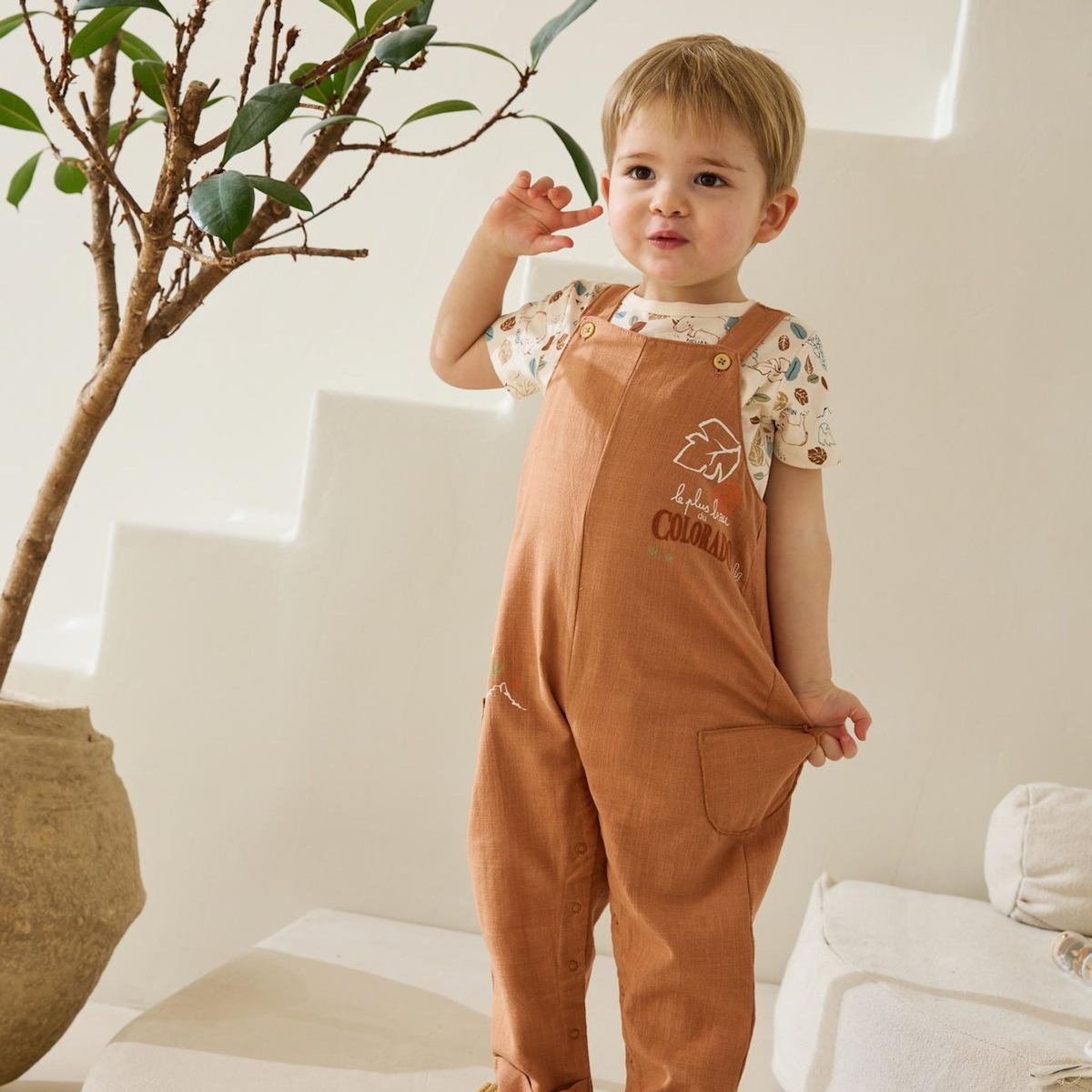 Petit Béguin Ensemble salopette bébé esprit lin et t-shirt Kansas City