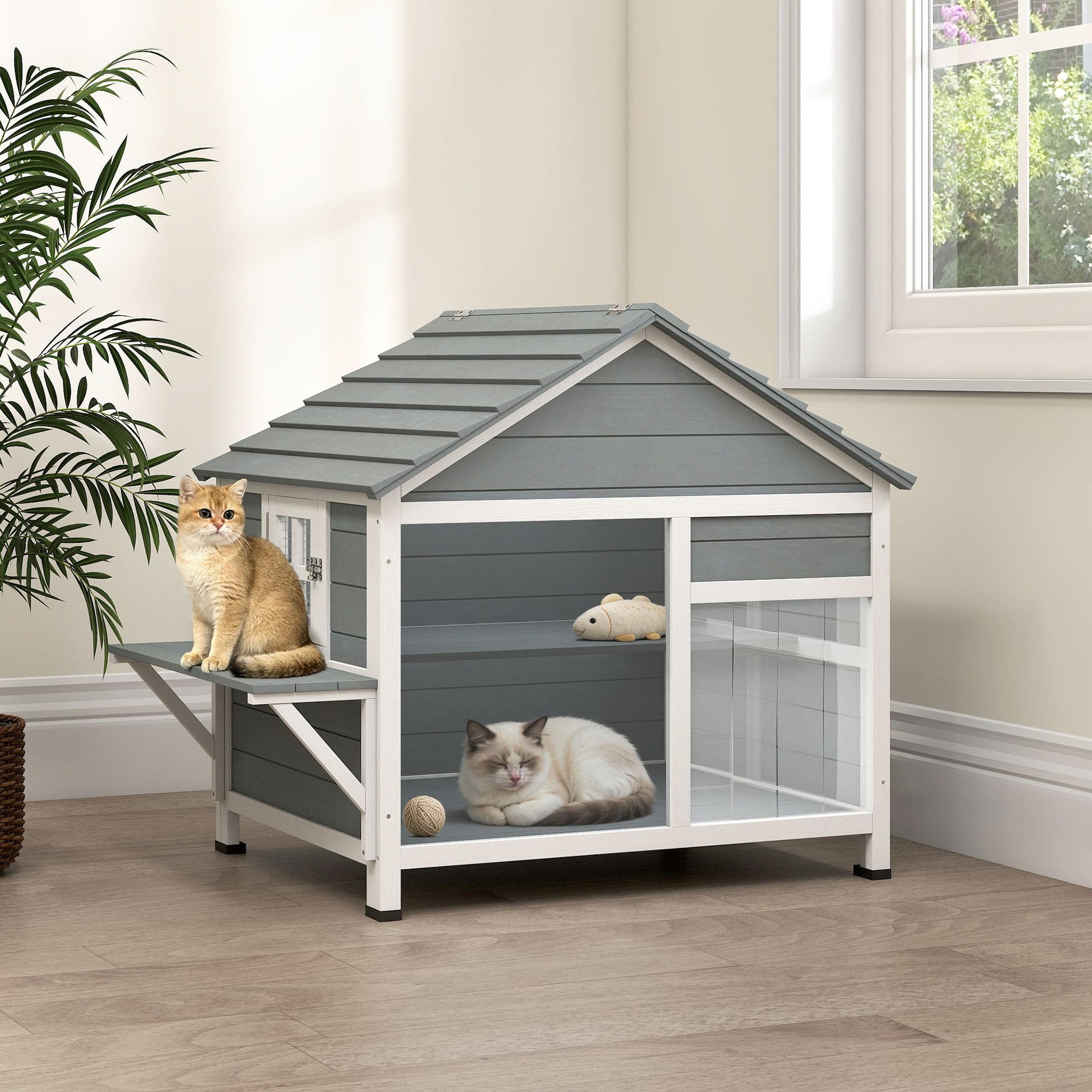 Voir la diapositive 6 : PAWHUT Niche maison pour chat bois - fenêtre verrouillable, étagères, portes, toit ouvrant - blanc gris