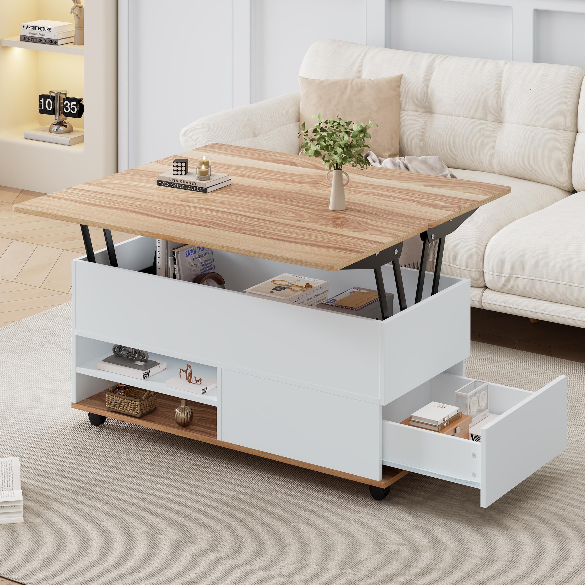 Voir la diapositive 2 : MERAX Table basse relevable rectangulaire blanc+naturel - 98x100 cm panneau de particules