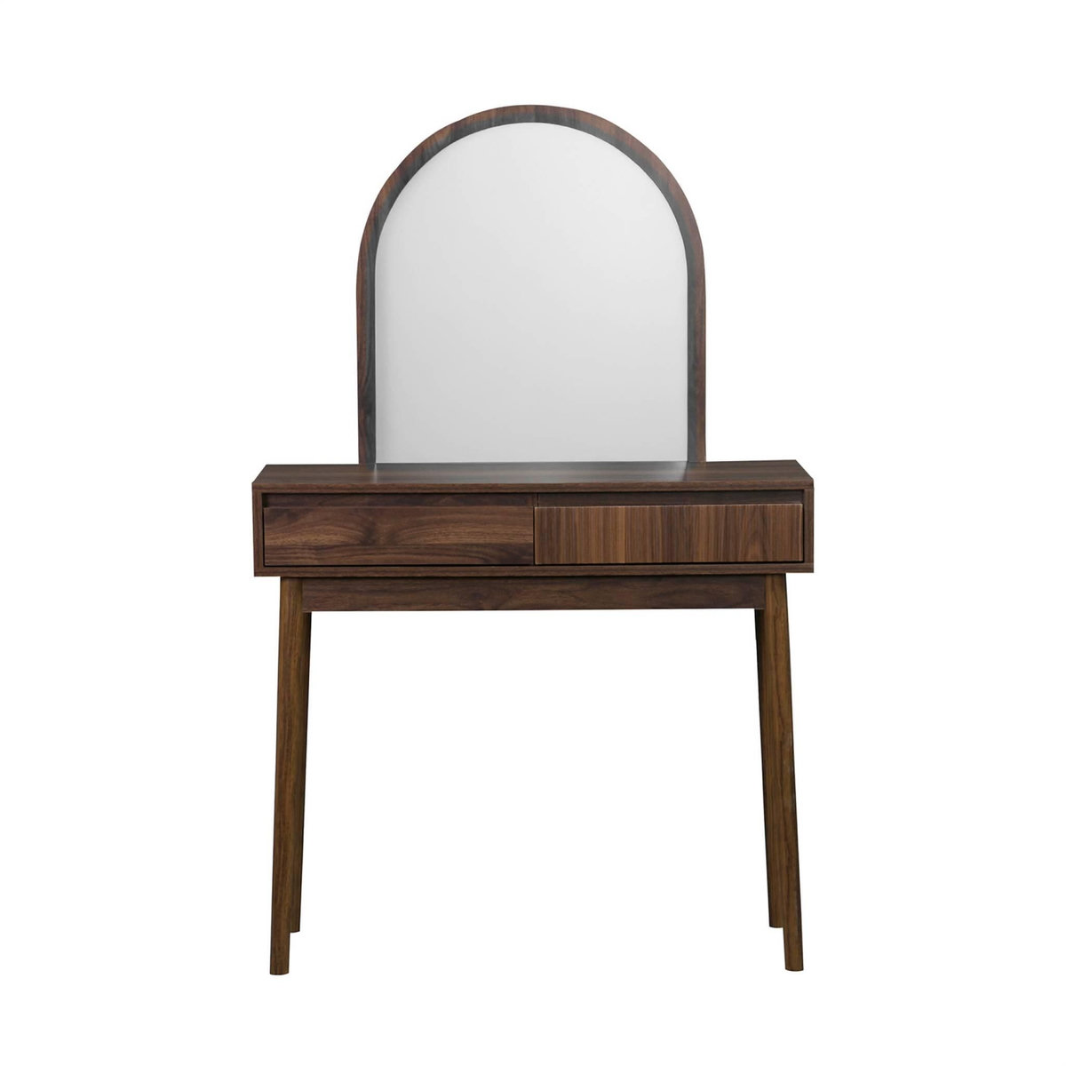 SWEEEK Coiffeuse décor bois LINEAR miroir arrondi 2 tiroirs 90 cm. façade striée. Noyer