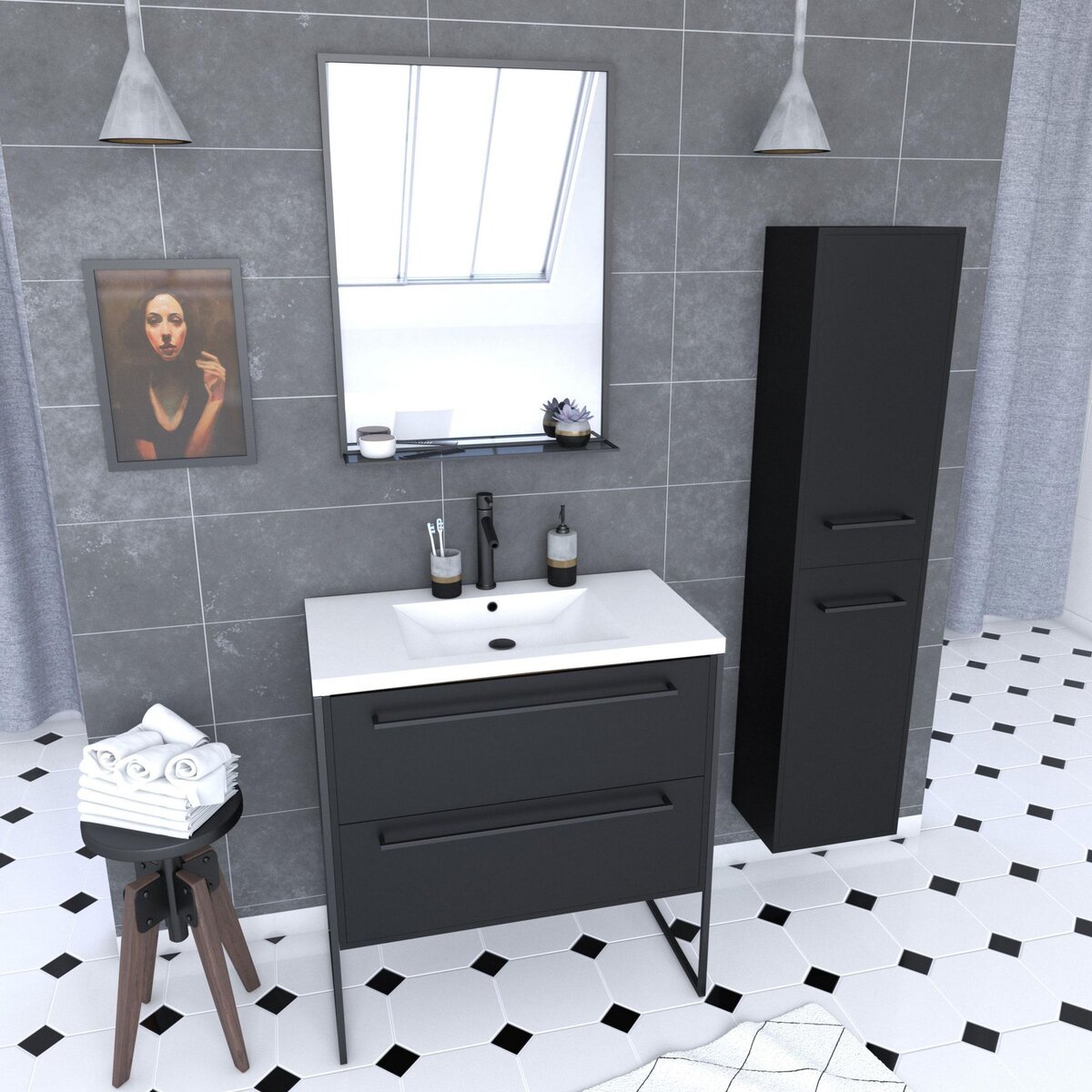 Aurlane Pack meuble de salle de bain 80x50 cm Noir - 2 tiroirs - vasque blanche - miroir - colonne suspendu