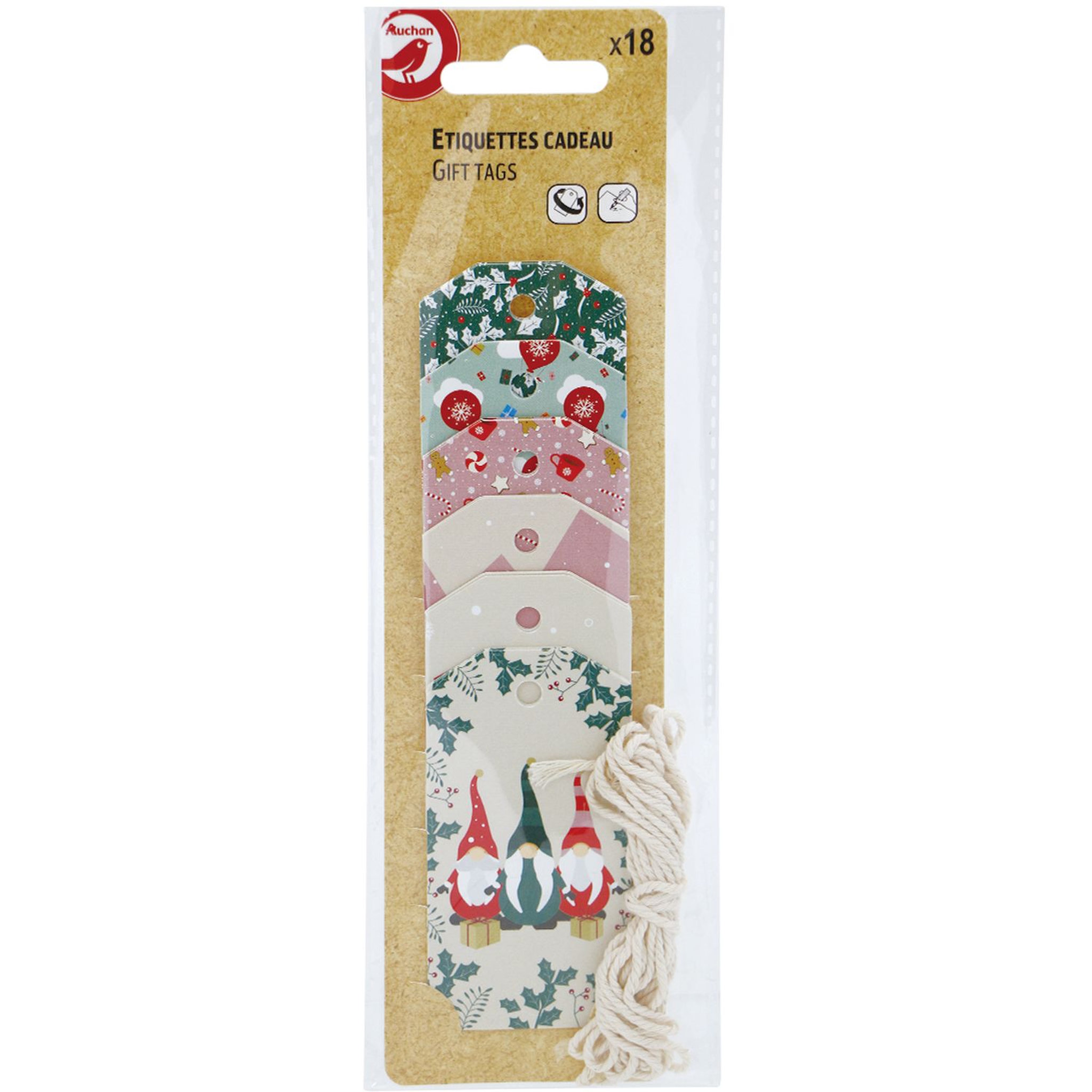 AUCHAN Etiquettes cadeau 18 pcs + ficelle