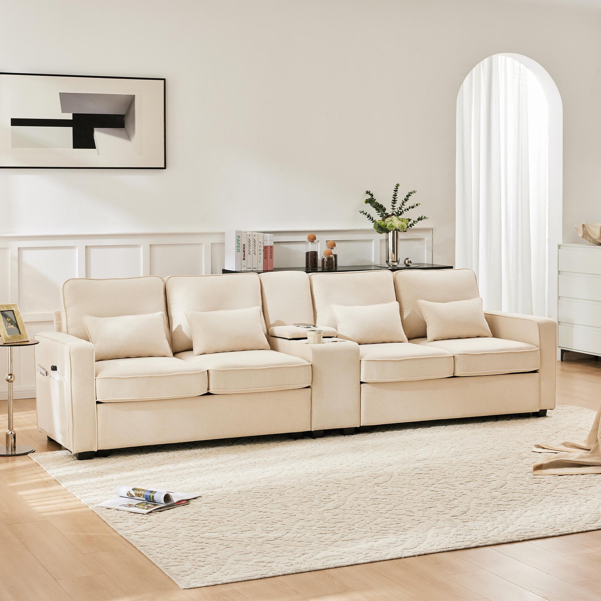 Voir la diapositive 2 : MERAX Canapé 4 Places Fixe Lin Avec 2 Porte-gobelets, 2 Ports USB