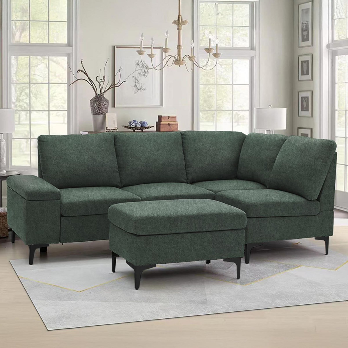 CONCEPT USINE Canapé d'angle 4-5 places en tissu chenille vert avec pouf COLCHESTER