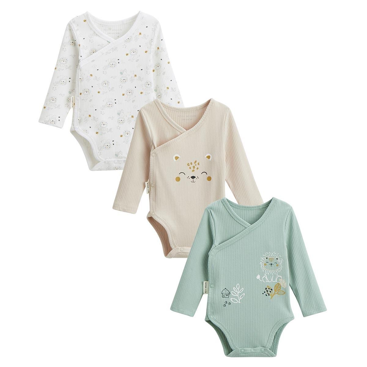 Petit Béguin Lot de 3 bodies bébé côtelés manches longues ouverture croisée Kenya