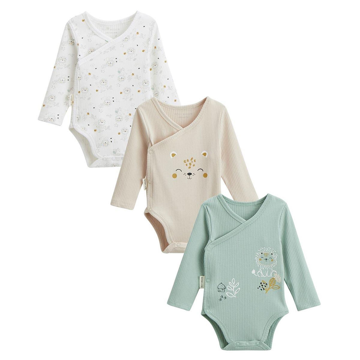 Petit Béguin Lot de 3 bodies bébé côtelés manches longues ouverture croisée Kenya