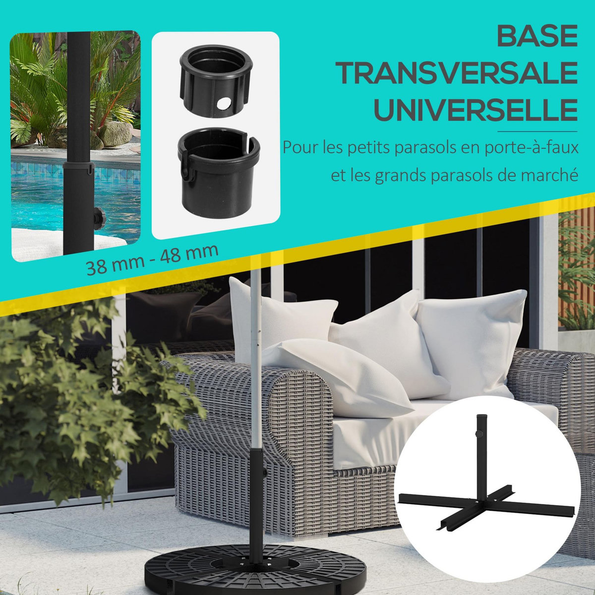 OUTSUNNY Pied de parasol base de parasol support de parasol en croix dim. 100L x 100l x 75H cm métal époxy noir