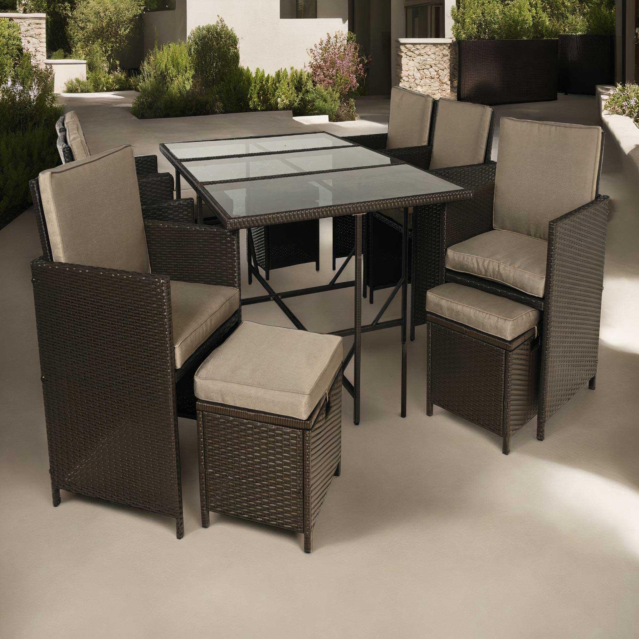 Voir la diapositive 2 : BEST MOBILIER Tao - salon de jardin encastrable 10 places - résine tressée marron - coussins taupe - plateau en verre + housse de protection