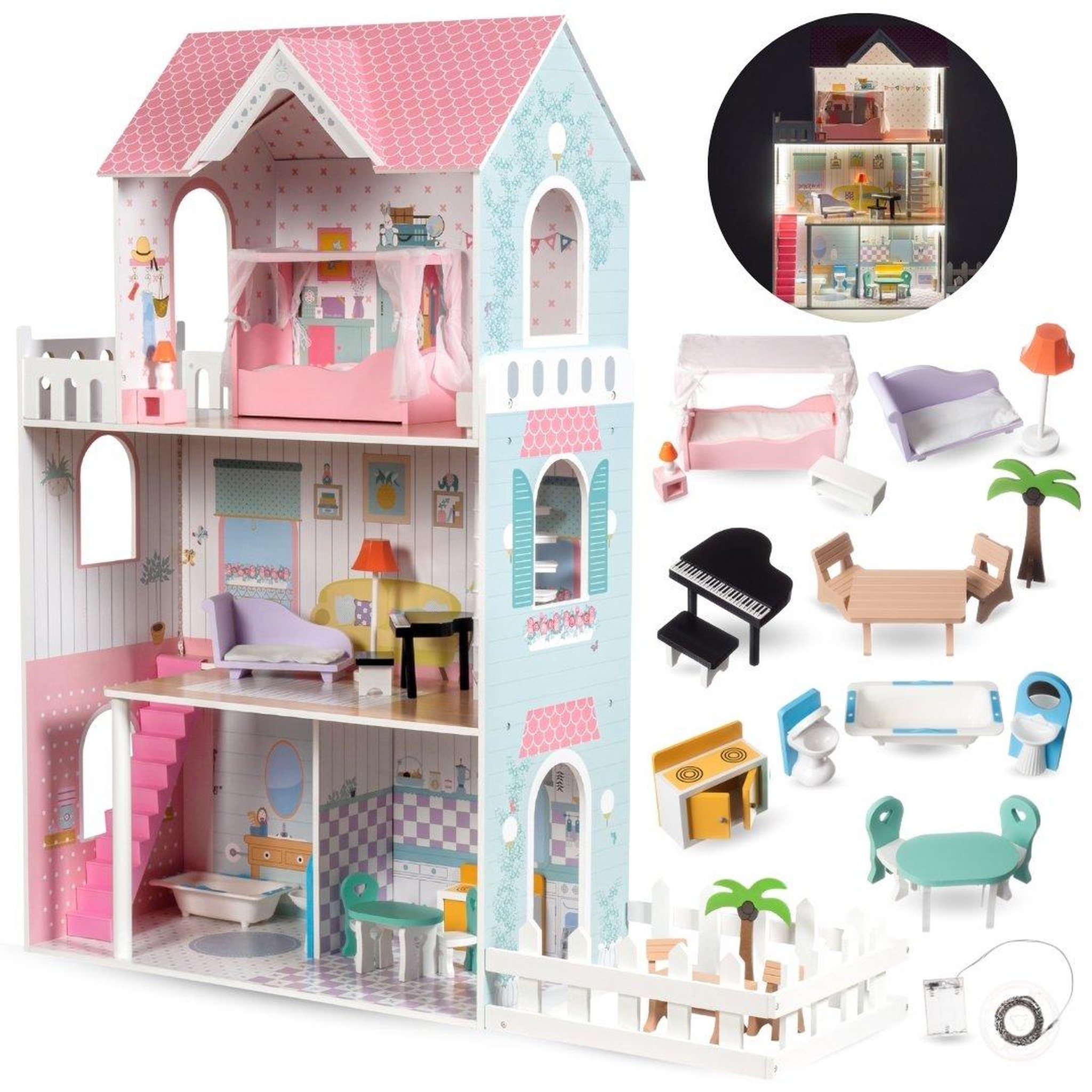 MAMABRUM Grande Maison de Poupées en Bois pour Enfants, Éclairage LED, 3 Étages, Terrasse, Jardin