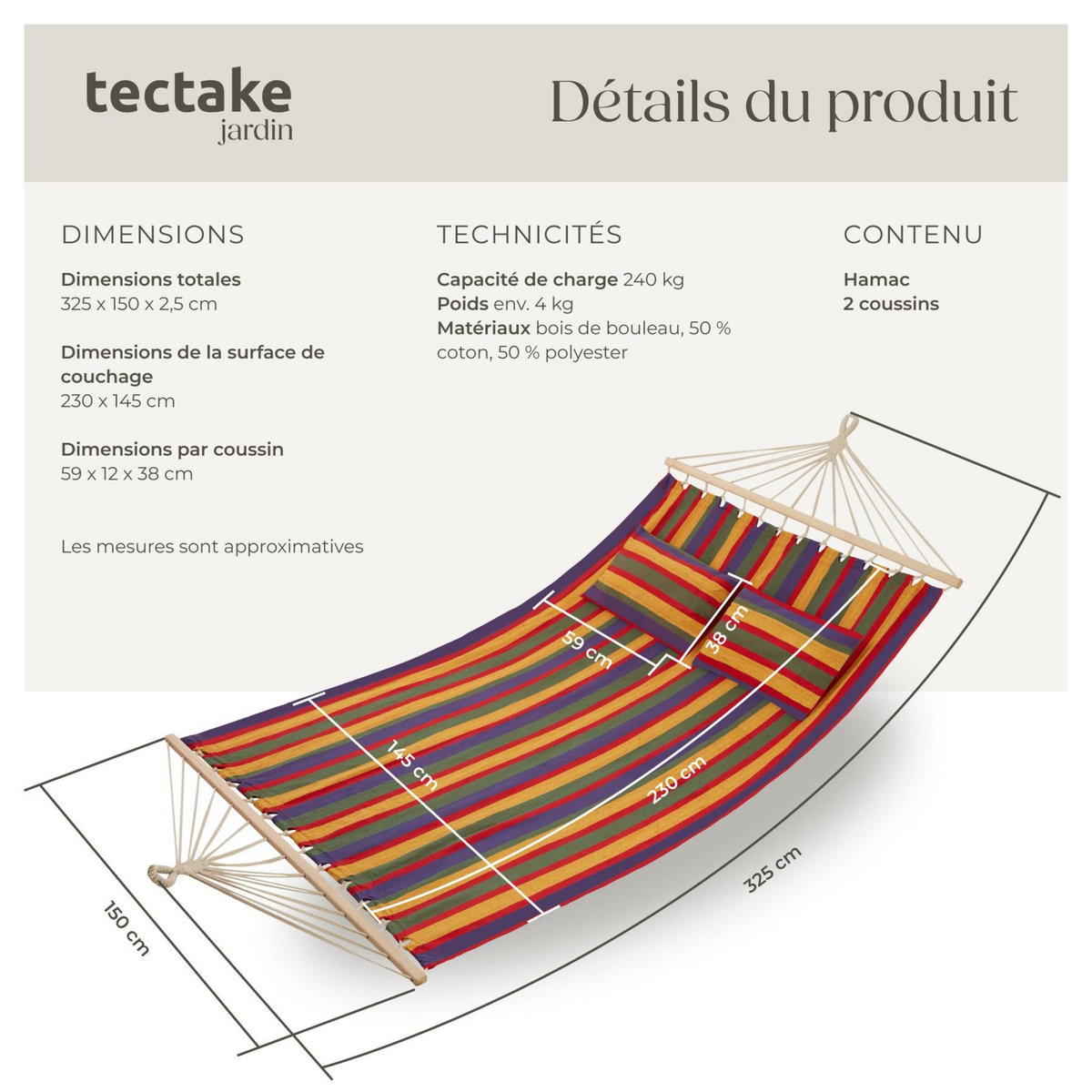 tectake Hamac avec barres d'expansion pour 2 personnes avec des rayures colorées