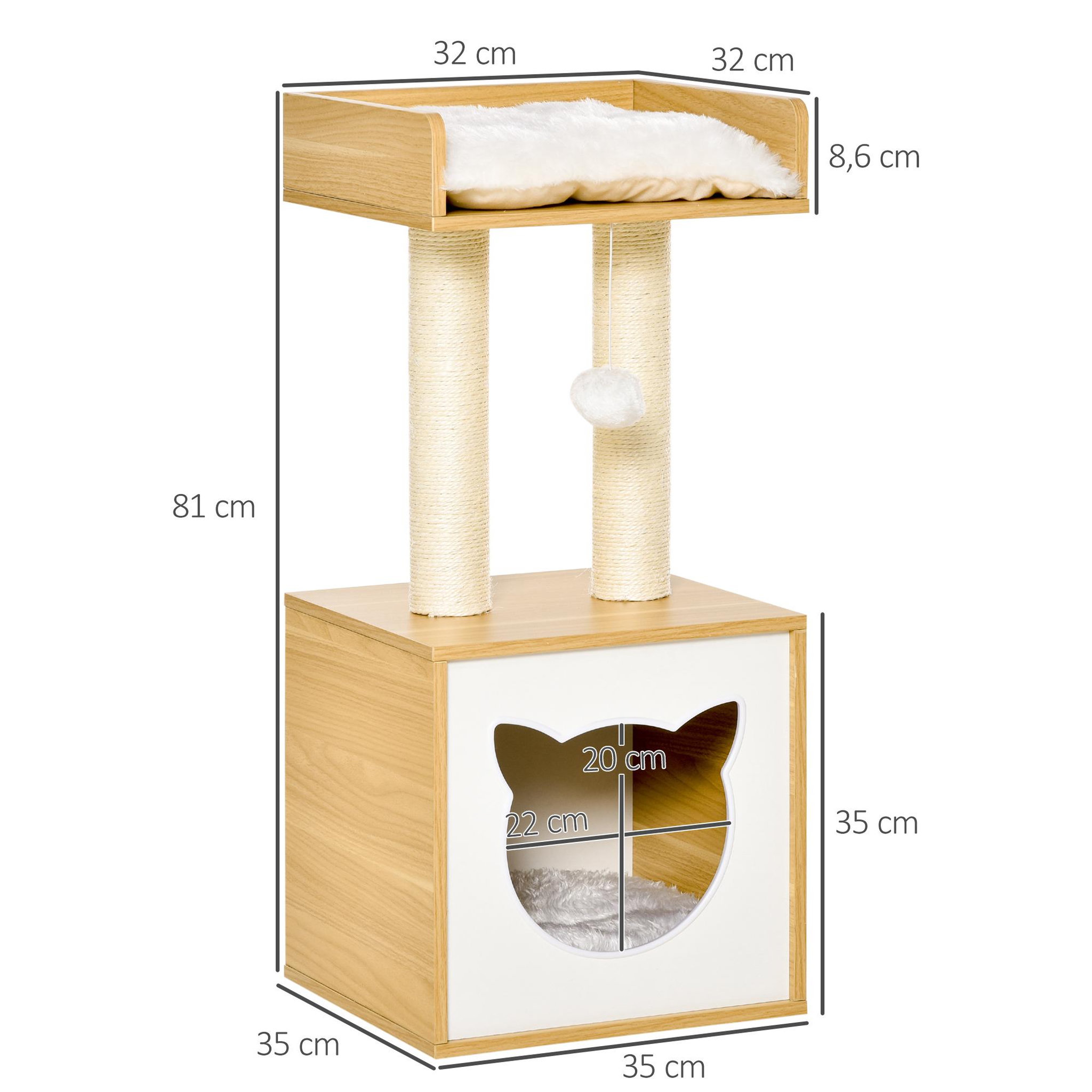 Voir la diapositive 3 : PAWHUT Arbre à chat 2 griffoirs niche entrée tête de chat plateforme d'observation jouet suspendu coussins amovibles peluche grande douceur aspect bois clair