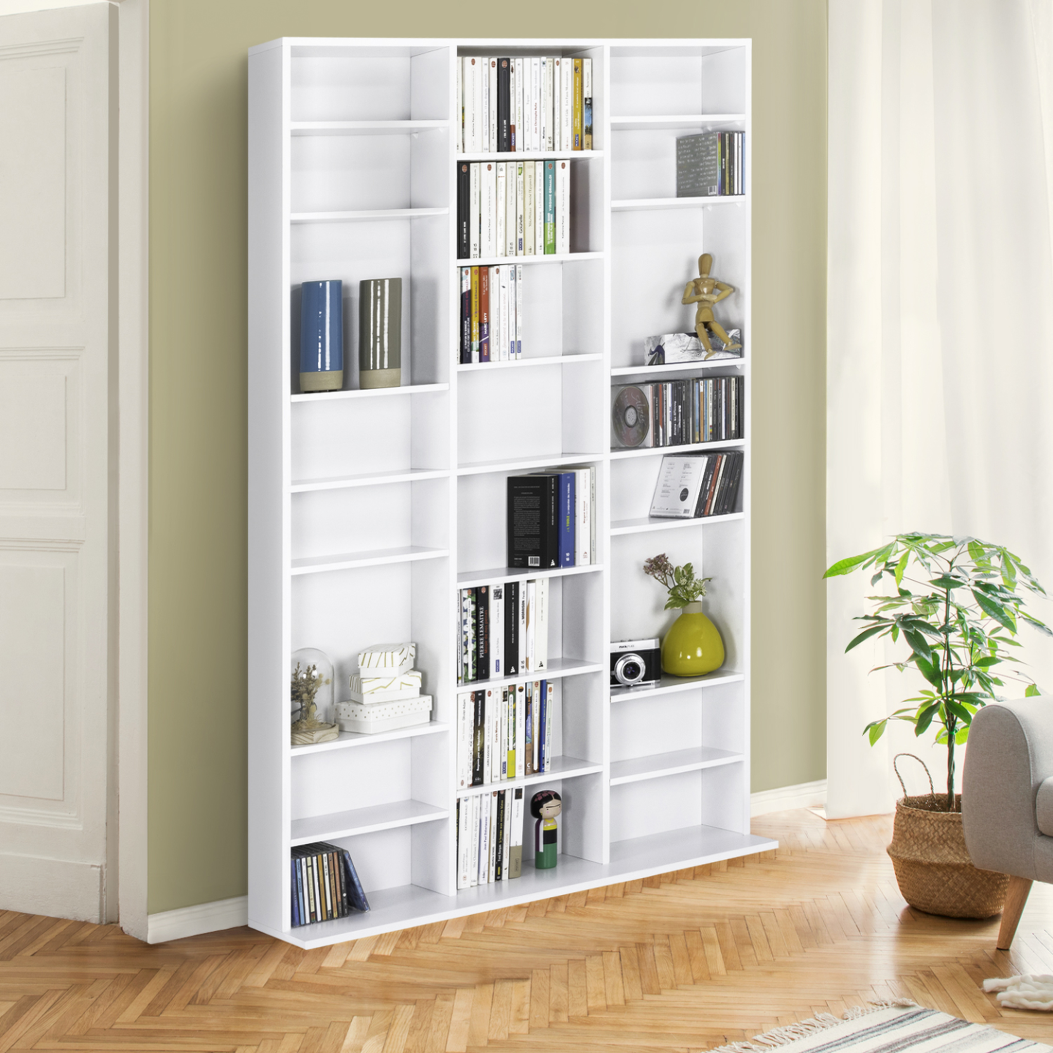Voir la diapositive 2 : ID MARKET Bibliothèque étagère cd ceylia 30 cases avec étagères modulables bois blanc