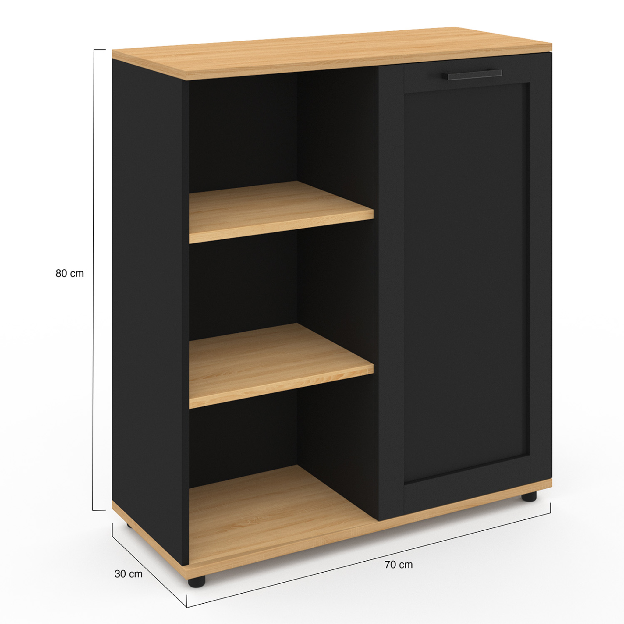 Voir la diapositive 5 : ID MARKET Buffet d'appoint 70 cm vito 3 étagères et placard noir et plateau bois
