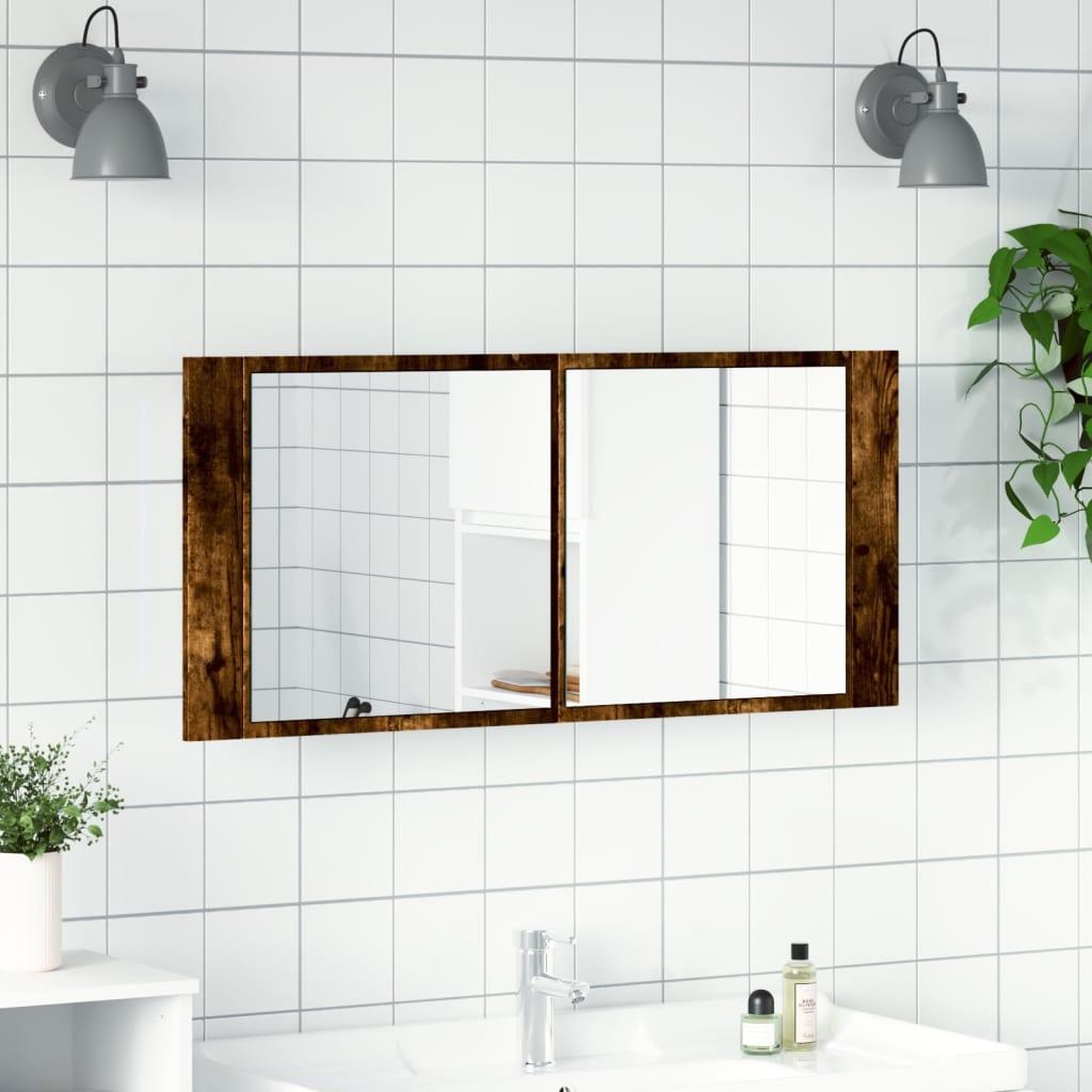 Voir la diapositive 3 : VIDAXL Armoire a miroir a LED de bain chene fume 100x12x45 cm