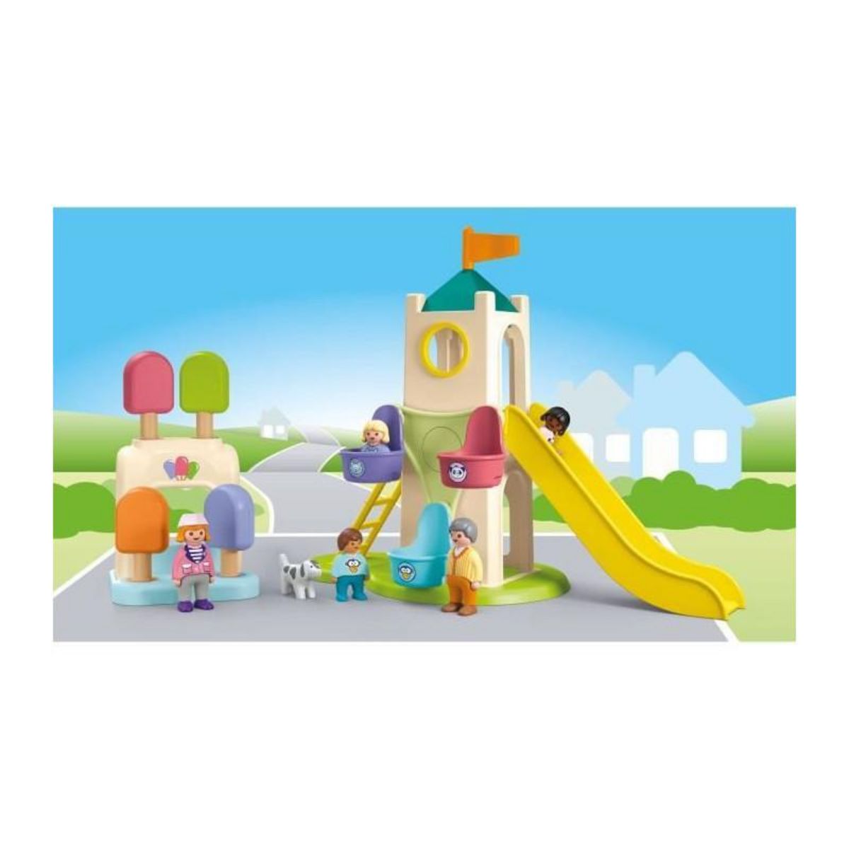PLAYMOBIL PLAYMOBIL Junior 71703 Aire de jeux avec toboggan géant Comprend cinq personnages, un toboggan et des accessoires - Des 1 an