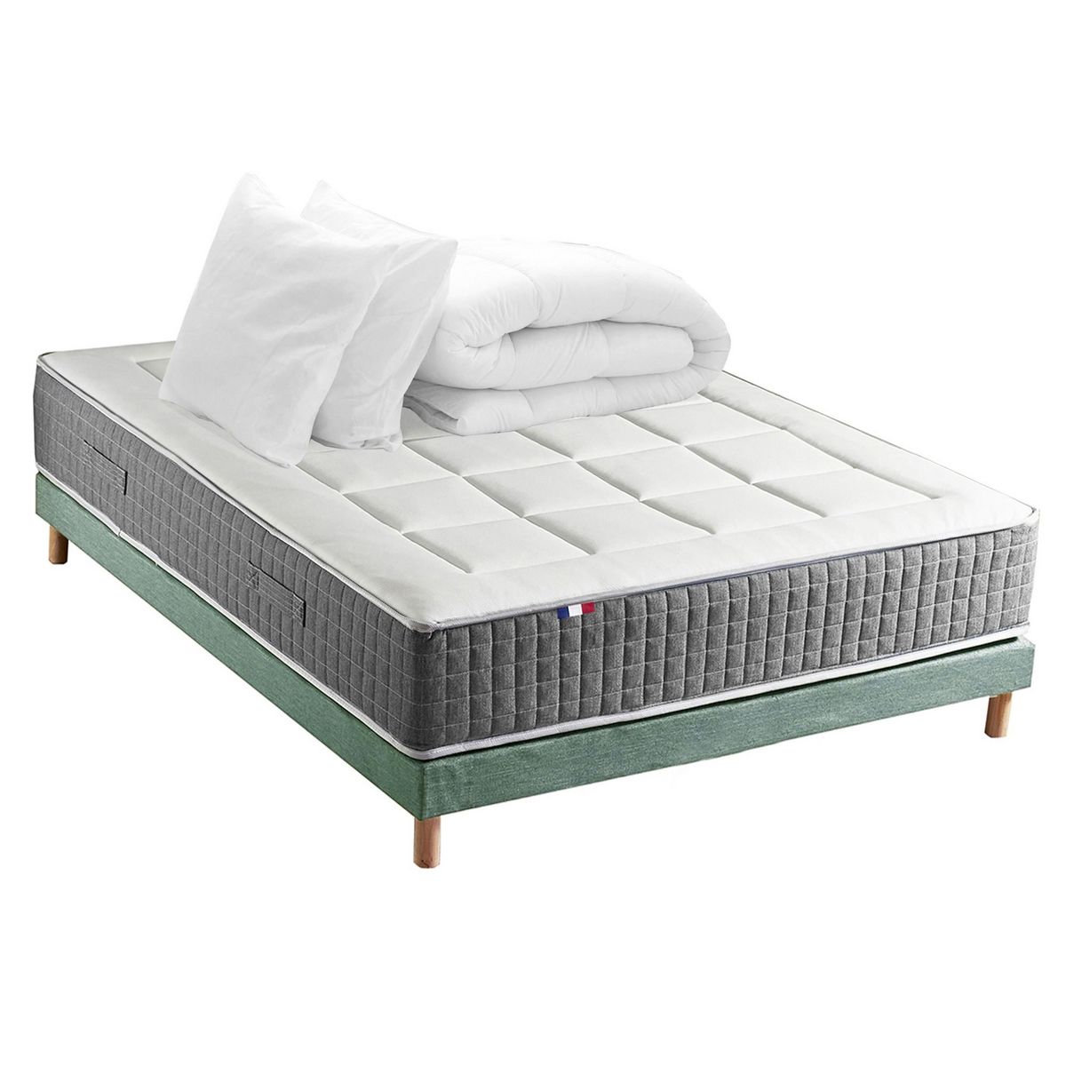 IDLITERIE Ensemble Matelas Ressort 7 zones H.28cm + Sommier + couette + oreillers Fabriqué en France MAX
