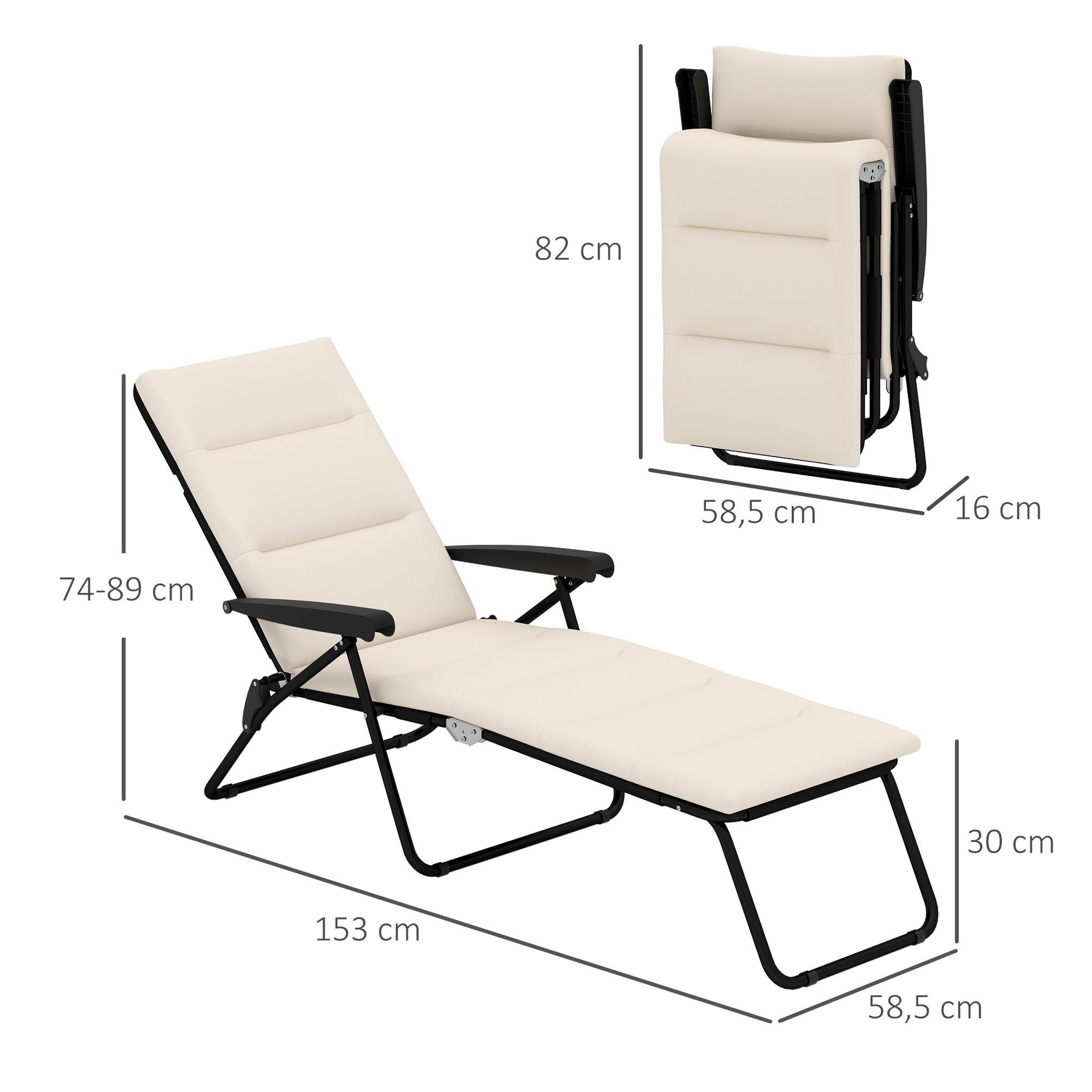 Voir la diapositive 3 : OUTSUNNY Bain de soleil pliable transat inclinable 6 positions grand confort avec matelas + accoudoirs acier polyester beige