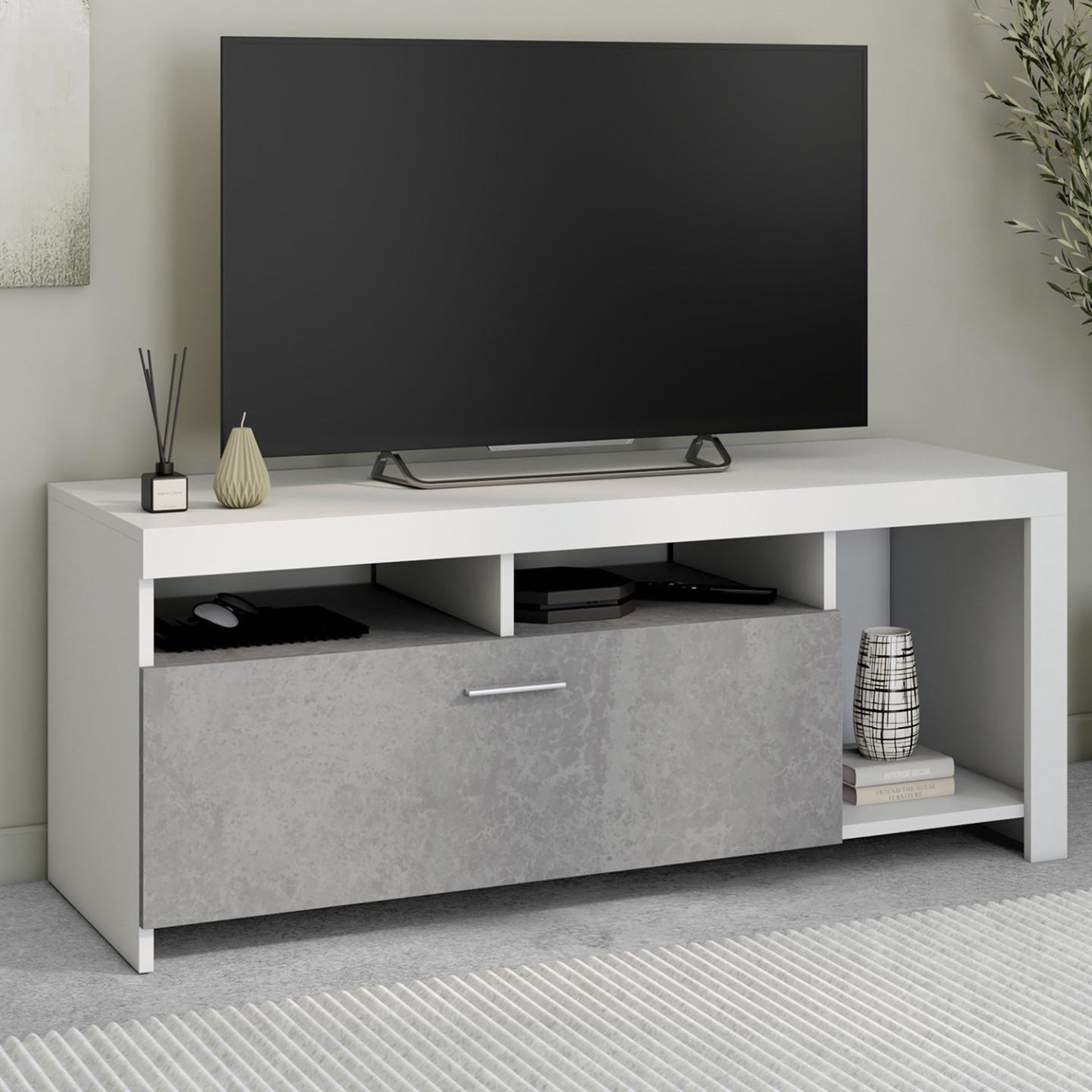 Voir la diapositive 2 : ID MARKET Meuble tv 110 cm malo blanc et placard effet béton
