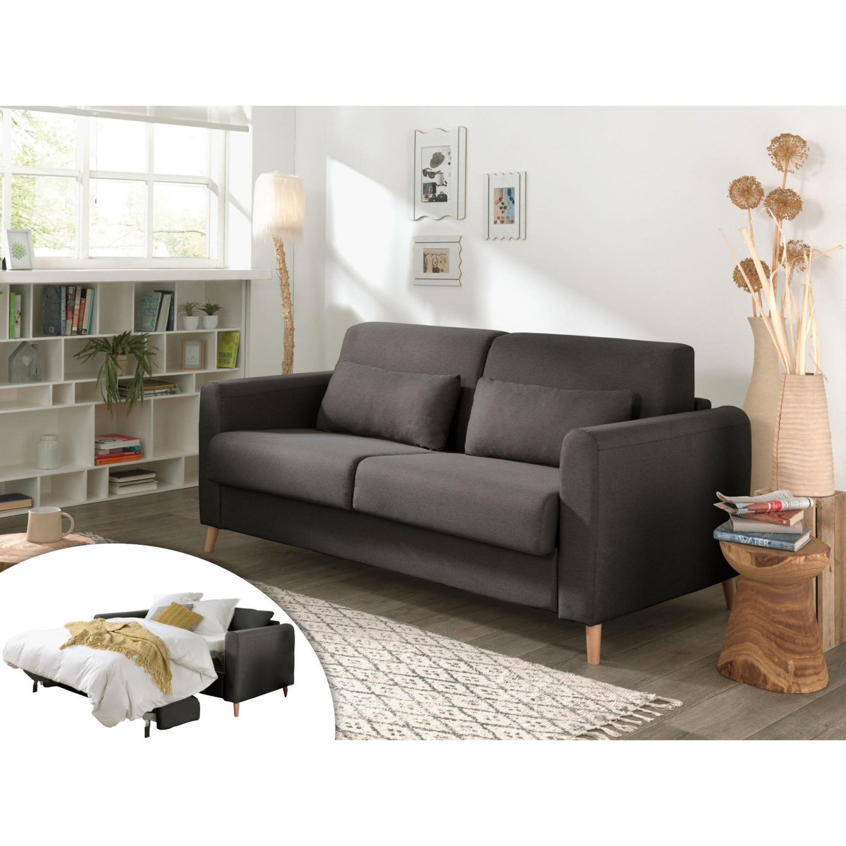 LISA DESIGN Timo - canapé 3 places convertible express couchage quotidien 140 cm matelas 12 cm en tissu