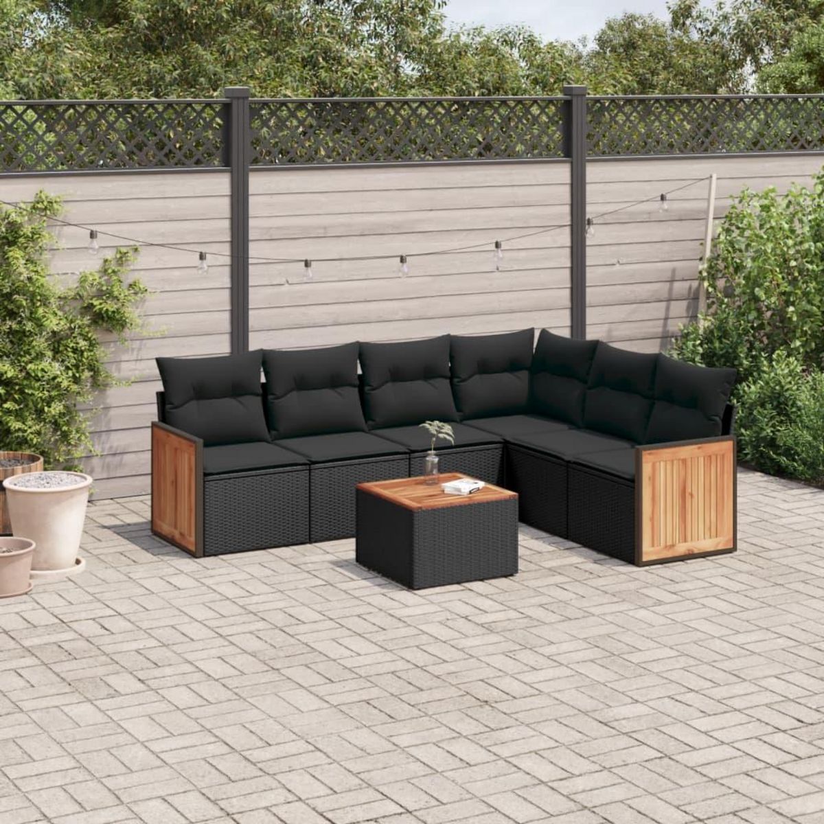 VIDAXL Salon de jardin 7 pcs avec coussins noir resine tressee