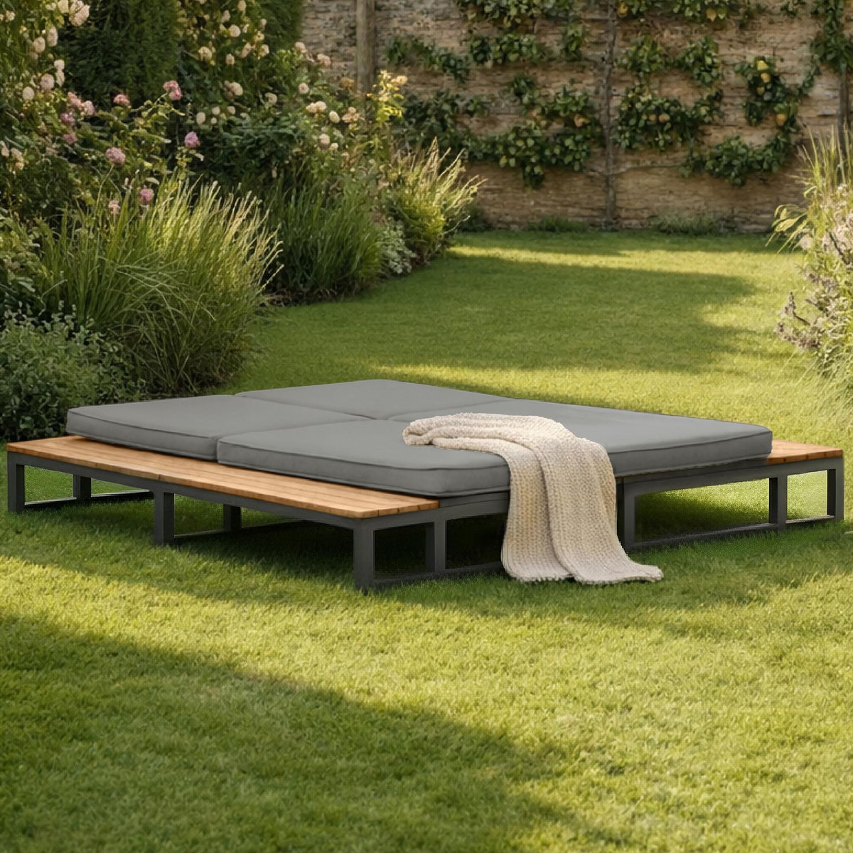 MERAX Bain de soleil 2 places en métal et bois avec dossier réglable, coussin et étagères