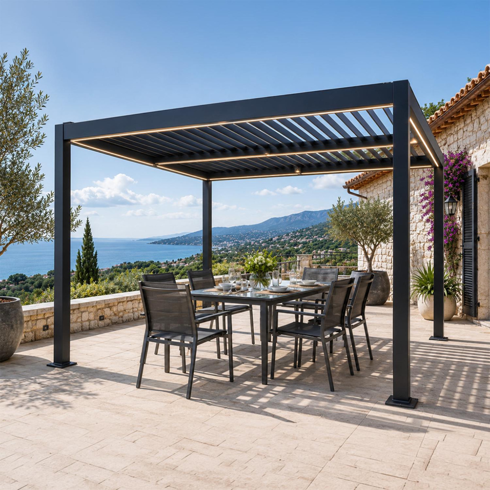 Voir la diapositive 4 : CONCEPT USINE Pergola bioclimatique à led 3x3m structure aluminium lames orientables corfu